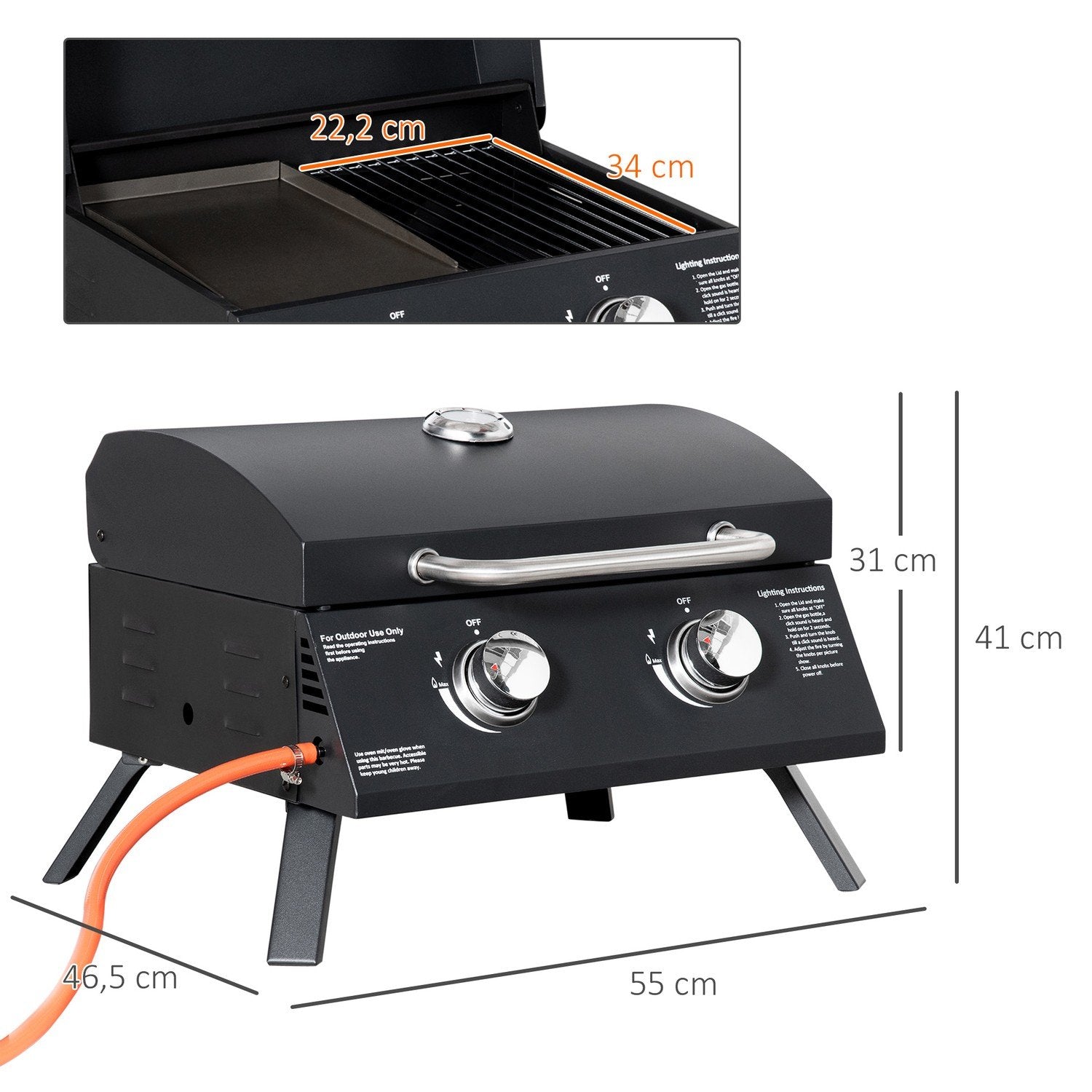 Bordsgrill Mobil Gasgrill Bbq Med 2 Brännare, Grillnät, Utomhus, Rostfritt Stål, Svart, 55X46,5X41Cm, Liten, Picknick