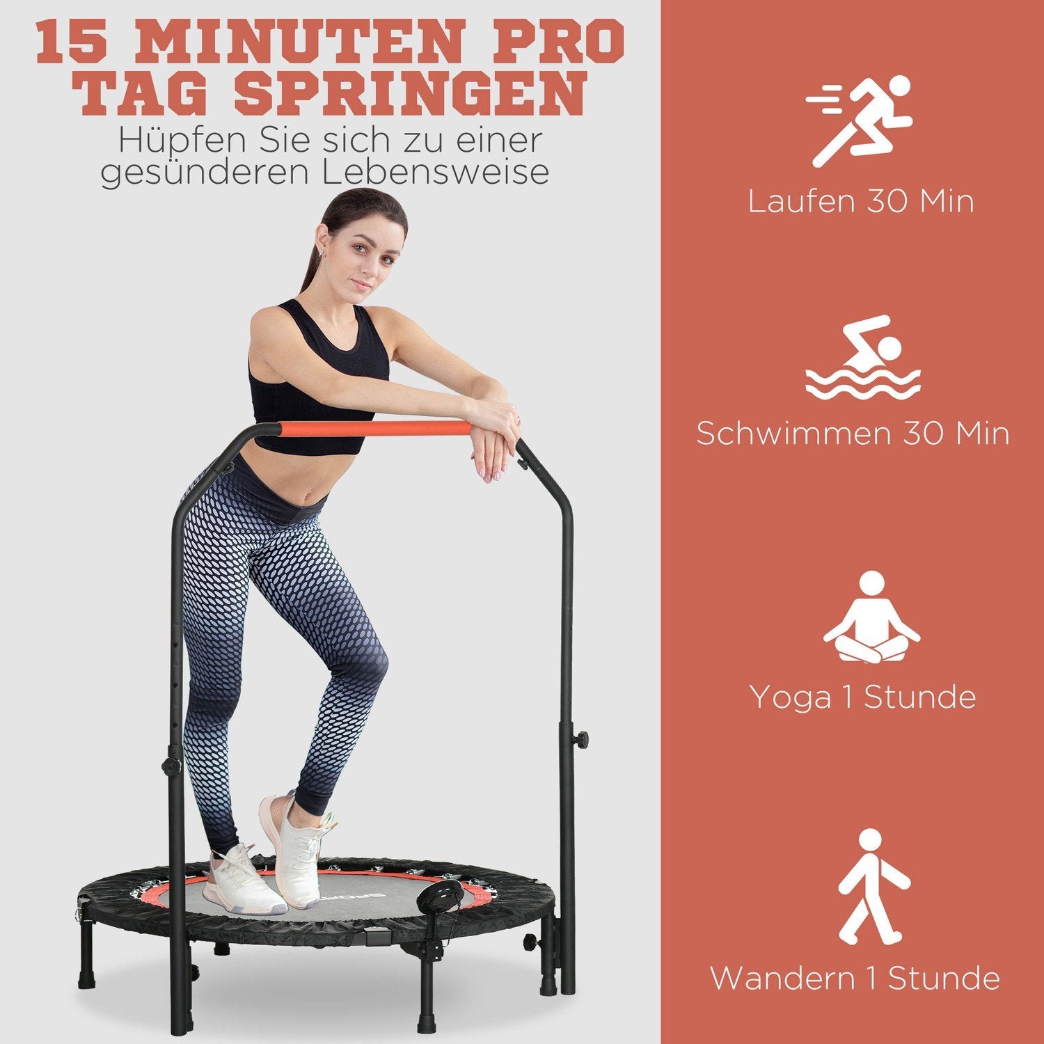 Ministudsmatta Lcd-Skärm 102 Cm Fitnessstudsmatta Med 4-Vägs Höjdjusterbart Handtag Upp Till 100 Kg