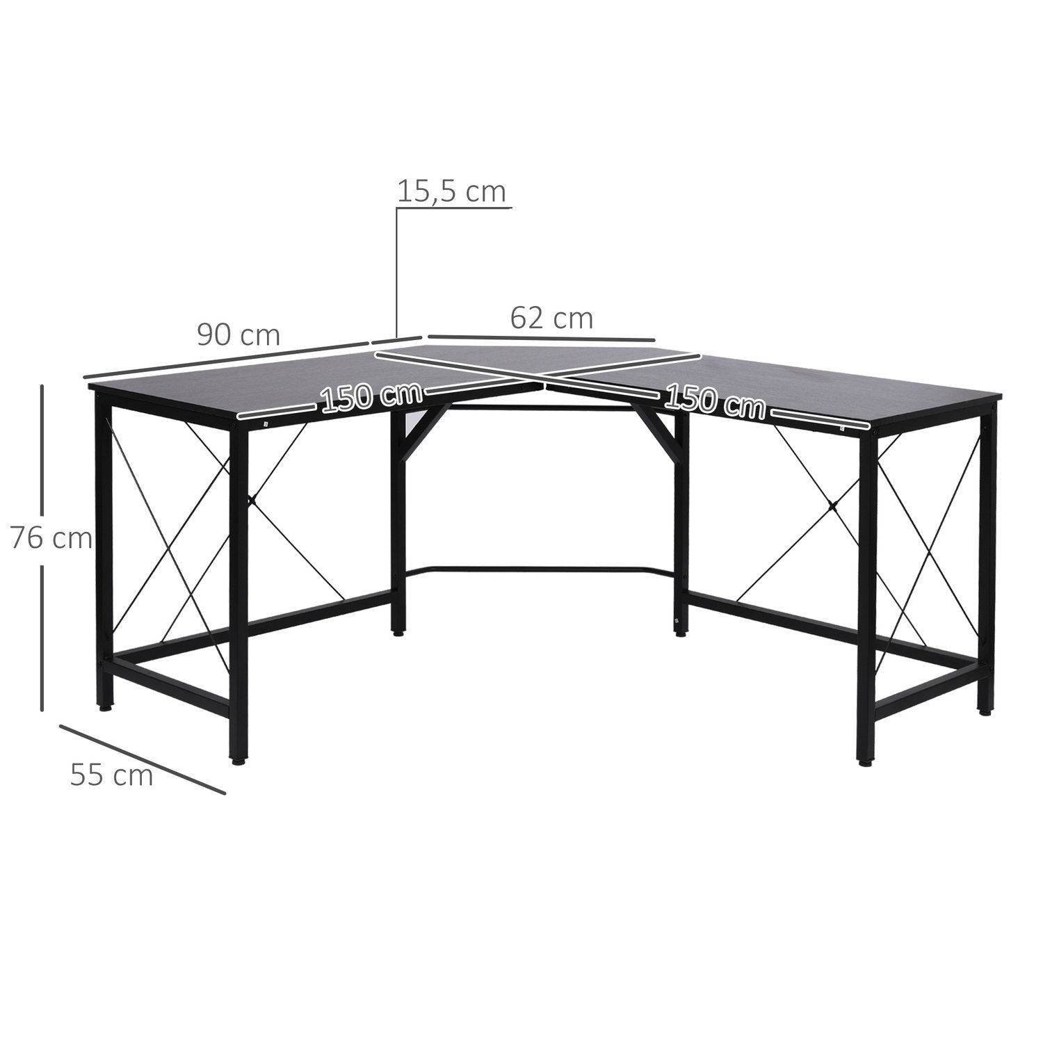 Datorbord L-Shape Hörnskrivbord, Vinkelskrivbord, Mdf, Svart, 150X150X76Cm