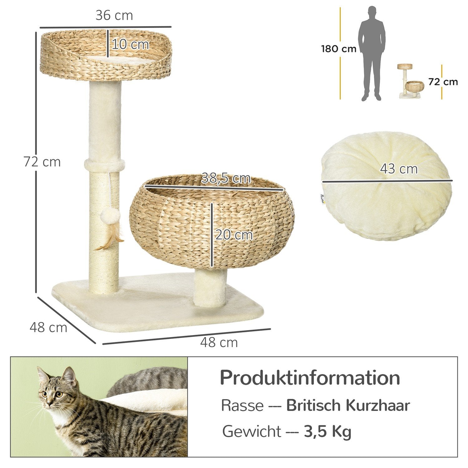 Skrapstolpe 72 Cm Högt Klätterträd Med 2 Kattbäddar & Lekboll, Sisalpelare, Beige + Krämvit