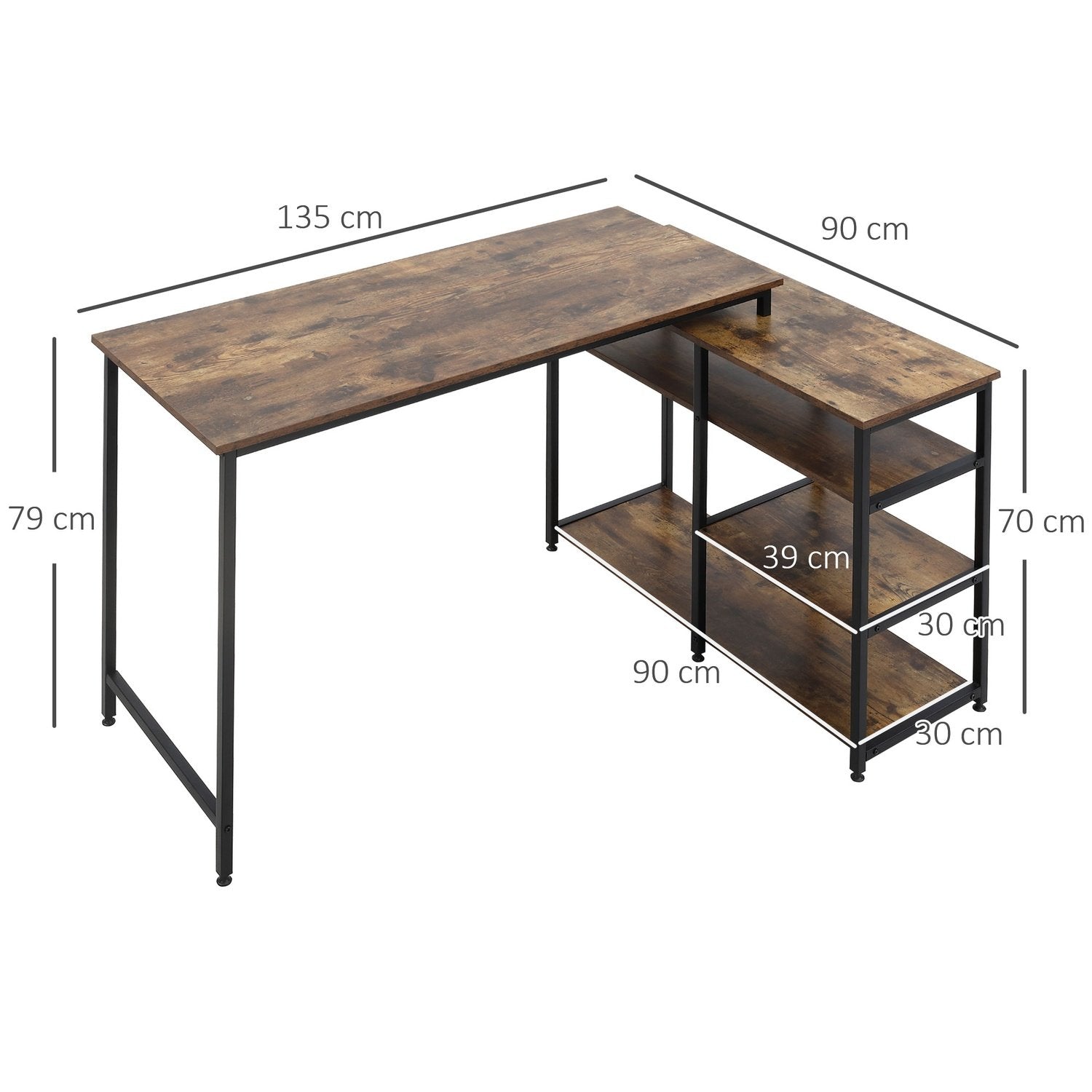 Hörnskrivbord, L-Shape Pc-Bord Med Hylla Och Låda, Kontorsbord, Spånskiva Metall, Rustik Brun, 135X90X79Cm