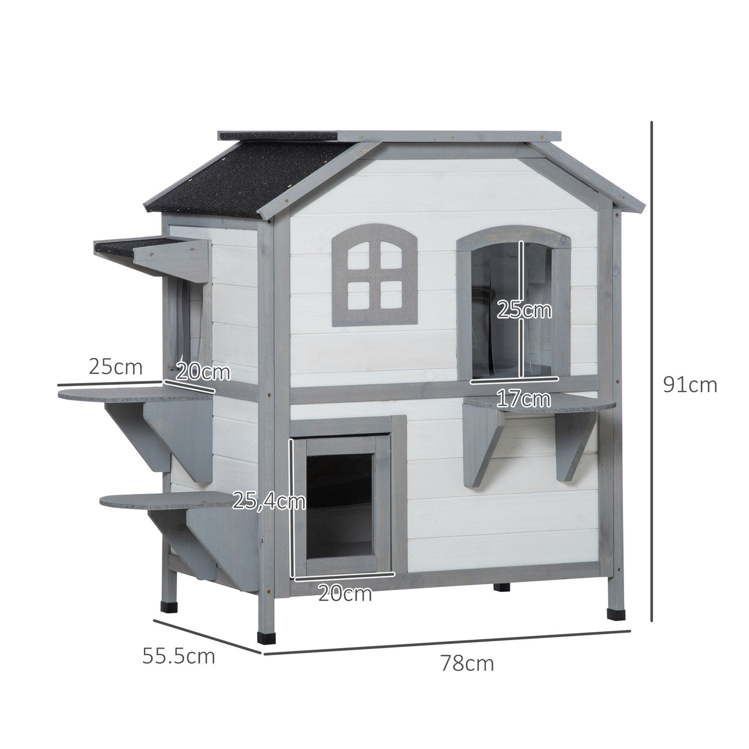 Katthus I Trä, Utekatthus Med Trappor, 2 Plan, Smådjurshus För Katter Upp Till 4,5 Kg, Vit, 78 X 55,5 X 91 Cm