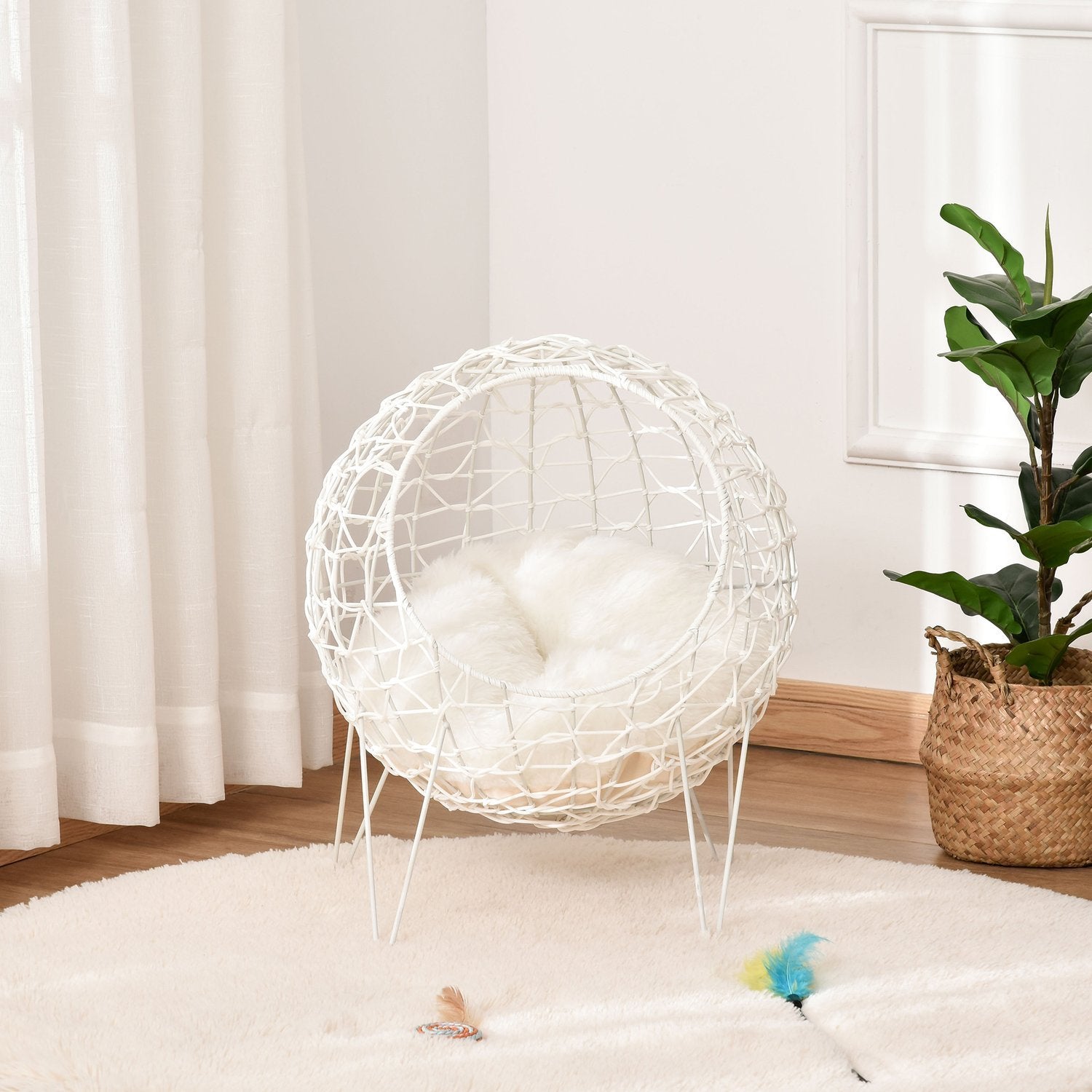 Rattan Cat Korg Cat Cave Med Kudde Upphöjd Design Djursäng Krämvit Ø45X57H Cm