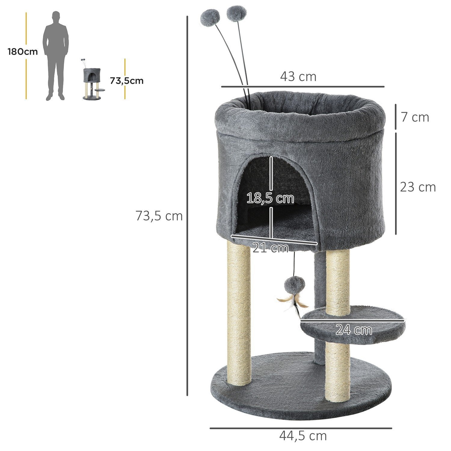 Skrapstolpe 73,5H Cm Kattträd Med Kattgrotta Och Leksaksboll Klätterträd Sisalpelare Kattleksak Plyschgrå + Cremevit