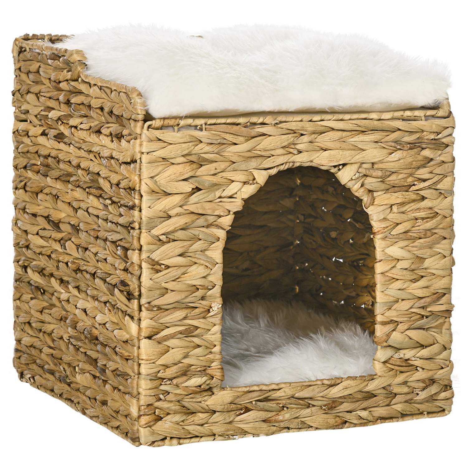 Rattan Cat Cave 2-Level Cushion Water Hyacinth Brown Upp Till 5 Kg