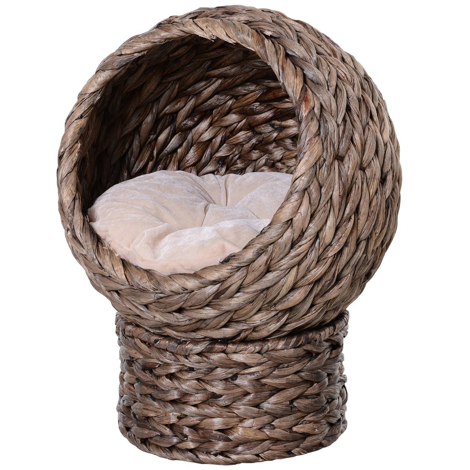 Rattan Cat Basket Mysig Kattgrotta Med Kudde, Husdjurssäng Gjord Av Vattenhyacint, Mörkbrun, 42X33X52Cm