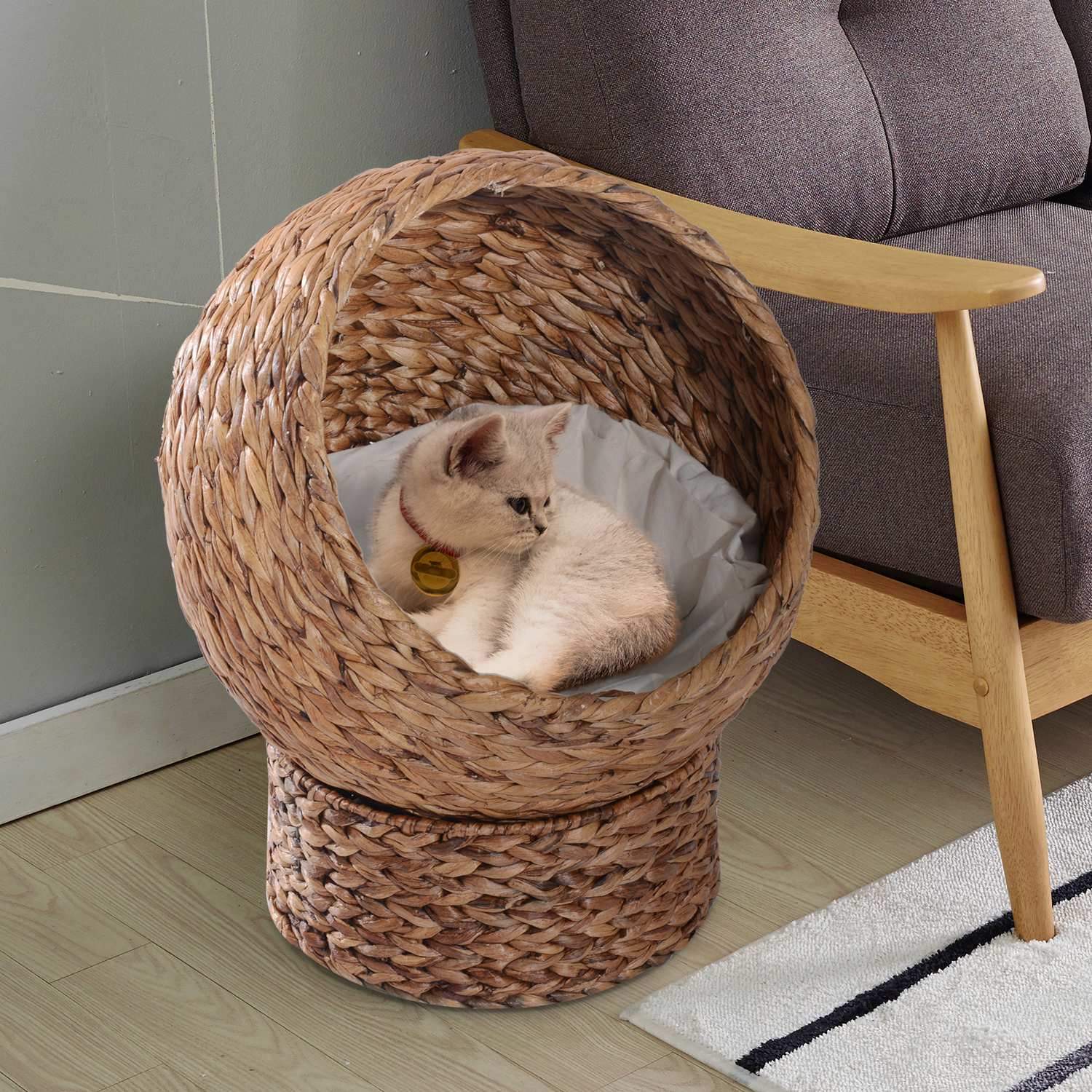 Rattan Cat Basket Bekväm Kattsäng Med Kudde, Vattenhyacintsäng För Husdjur, Ljusbrun, 42X33X52Cm