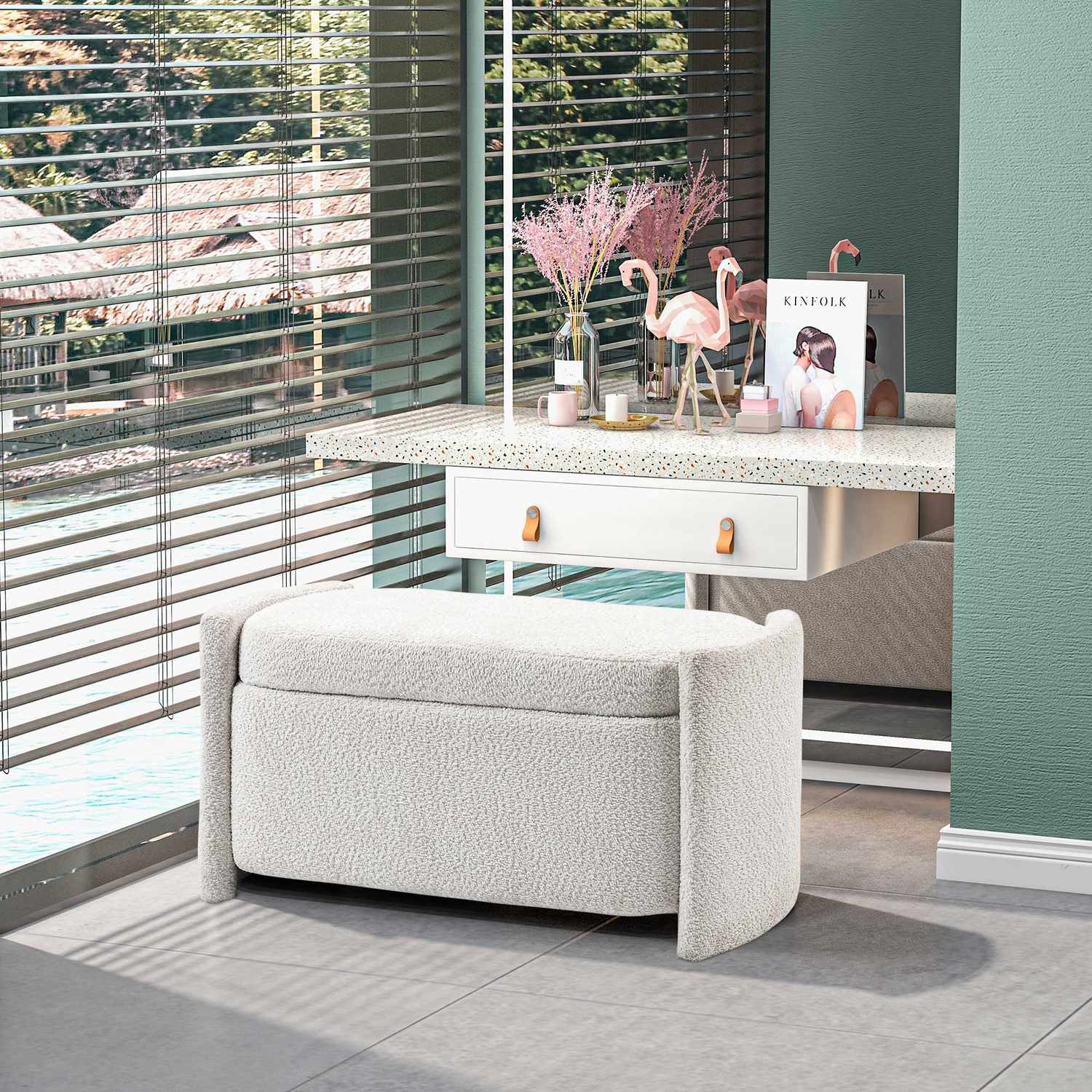 Cream Velvet Förvaringsbänk med lock – 105 x 44 x 45,5 cm