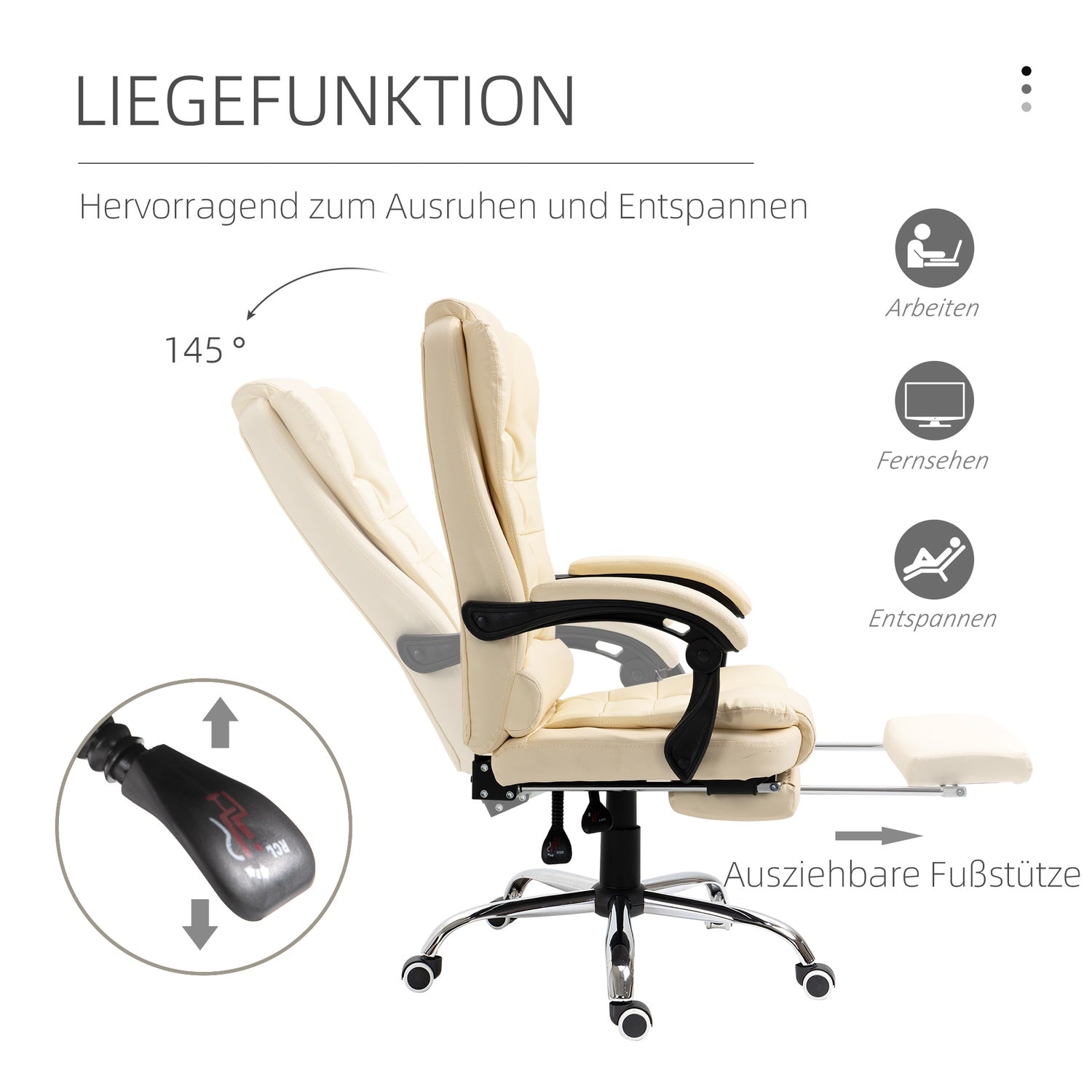 Cream konstläder Ergonomisk kontorsstol med fotstöd