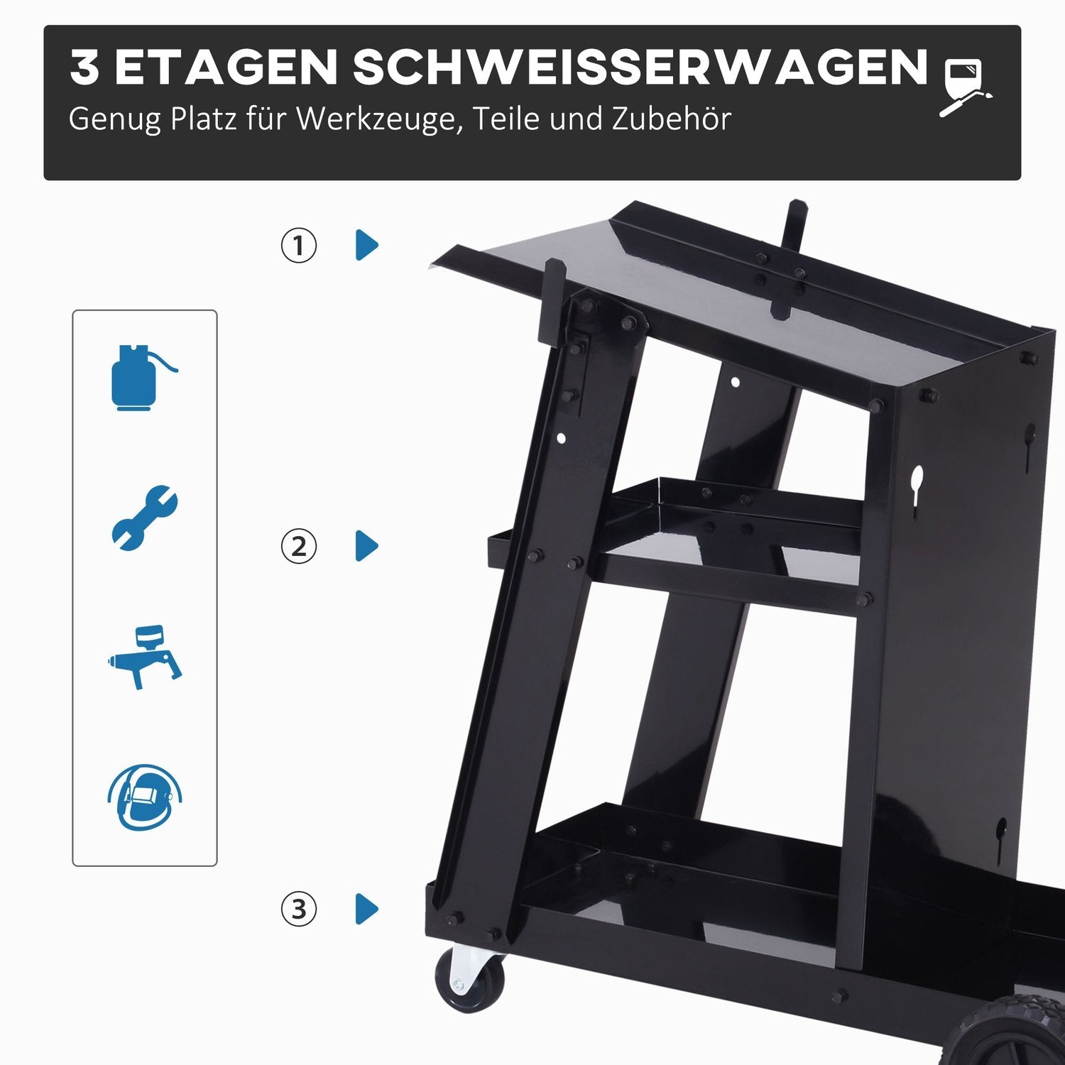 Svetsvagn, Svetsmaskinsvagn Med 3 Hyllplan, Gasflaskvagn, Säkerhetskedja, Svart, 71X39X70 Cm