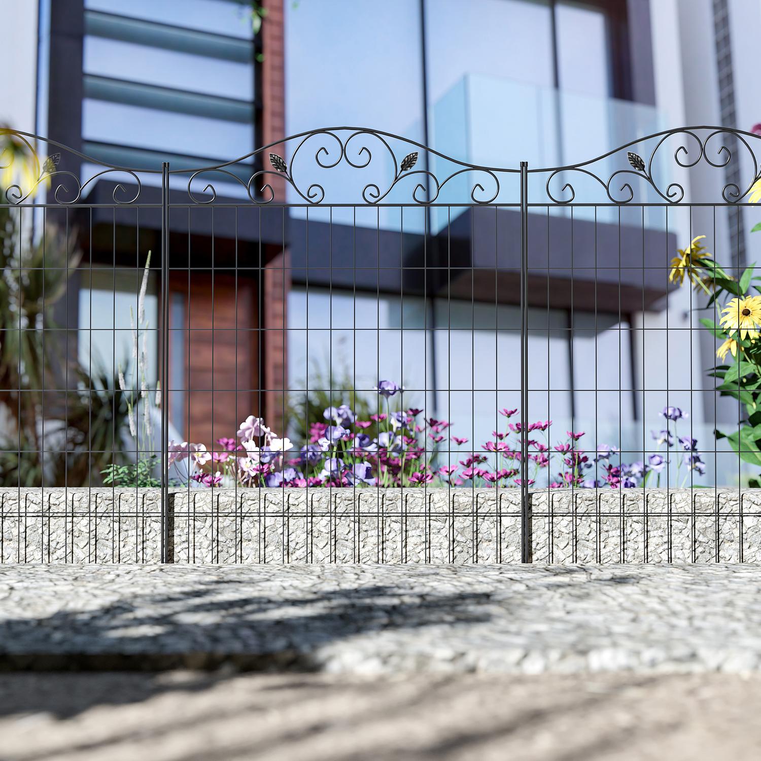 Dekorativt svart metall trädgårdsstaketset, 4 paneler, 365x112 cm