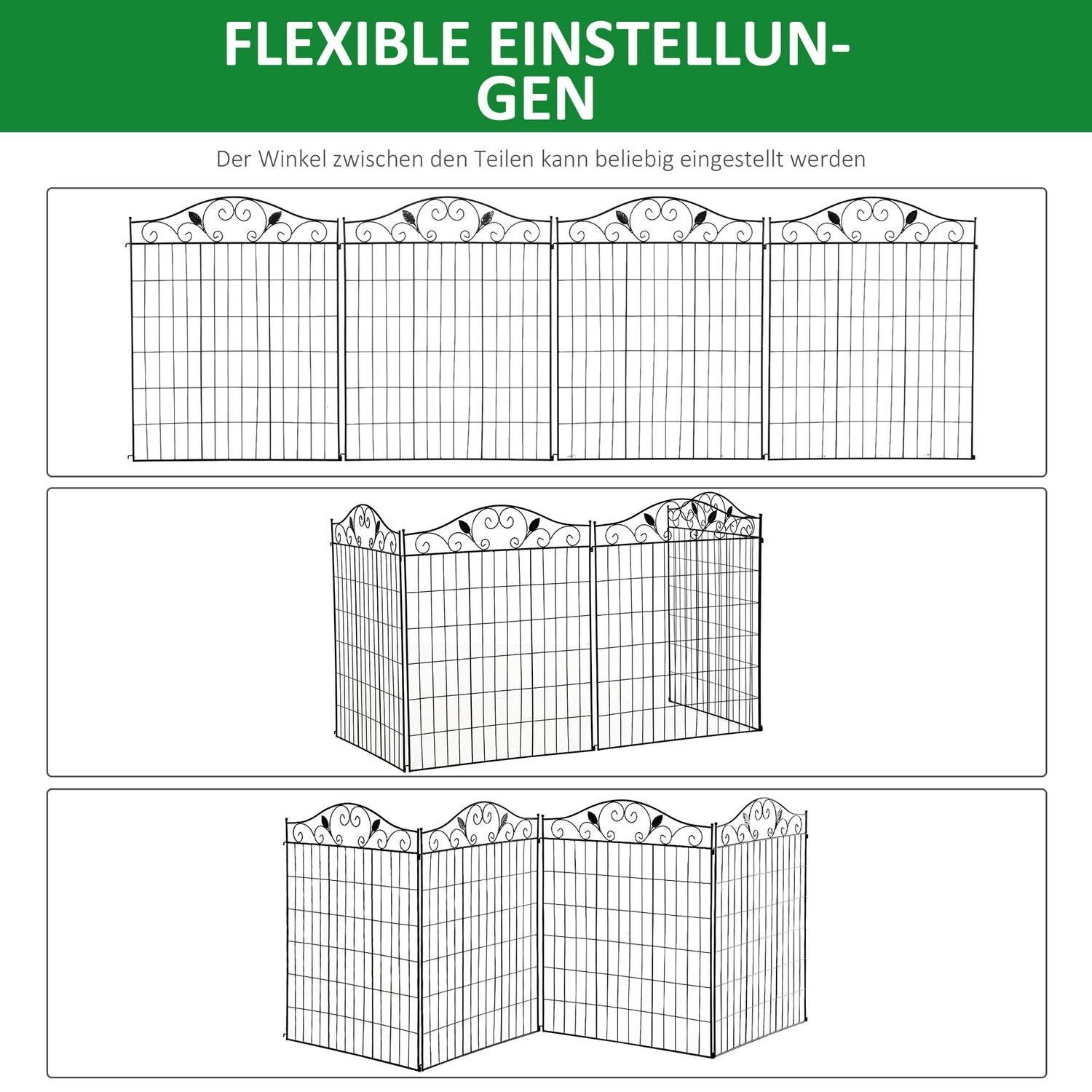 Dekorativt svart metall trädgårdsstaketset, 4 paneler, 365x112 cm