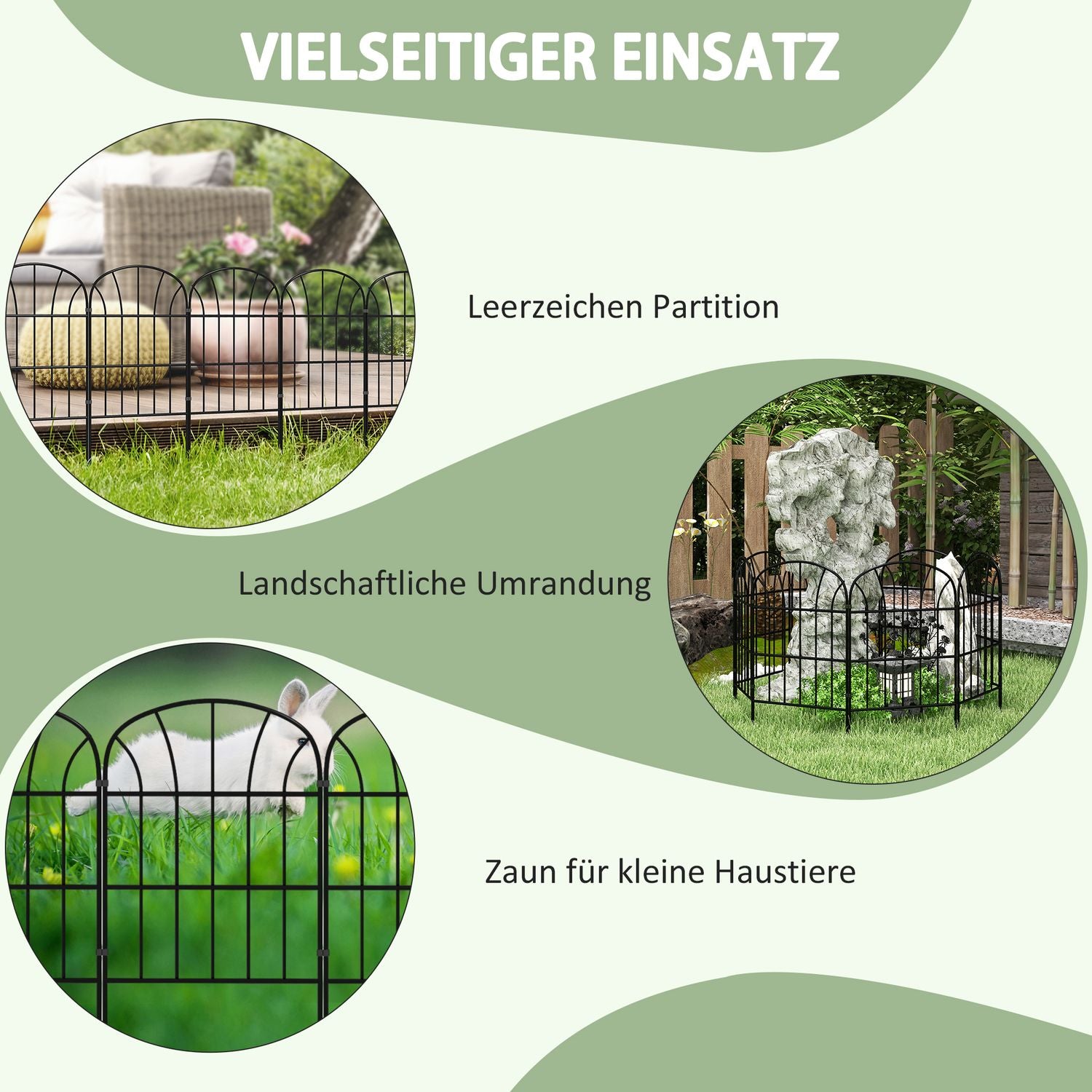 Dekorativt trädgårdsstaket i metall med bas, set om 8, svart