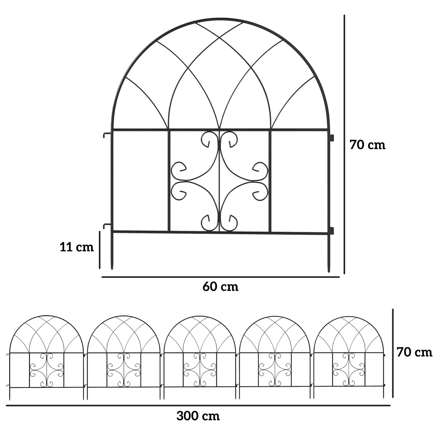 Dekorativt trädgårdsstaket i stål, 300x70 cm, svart nät