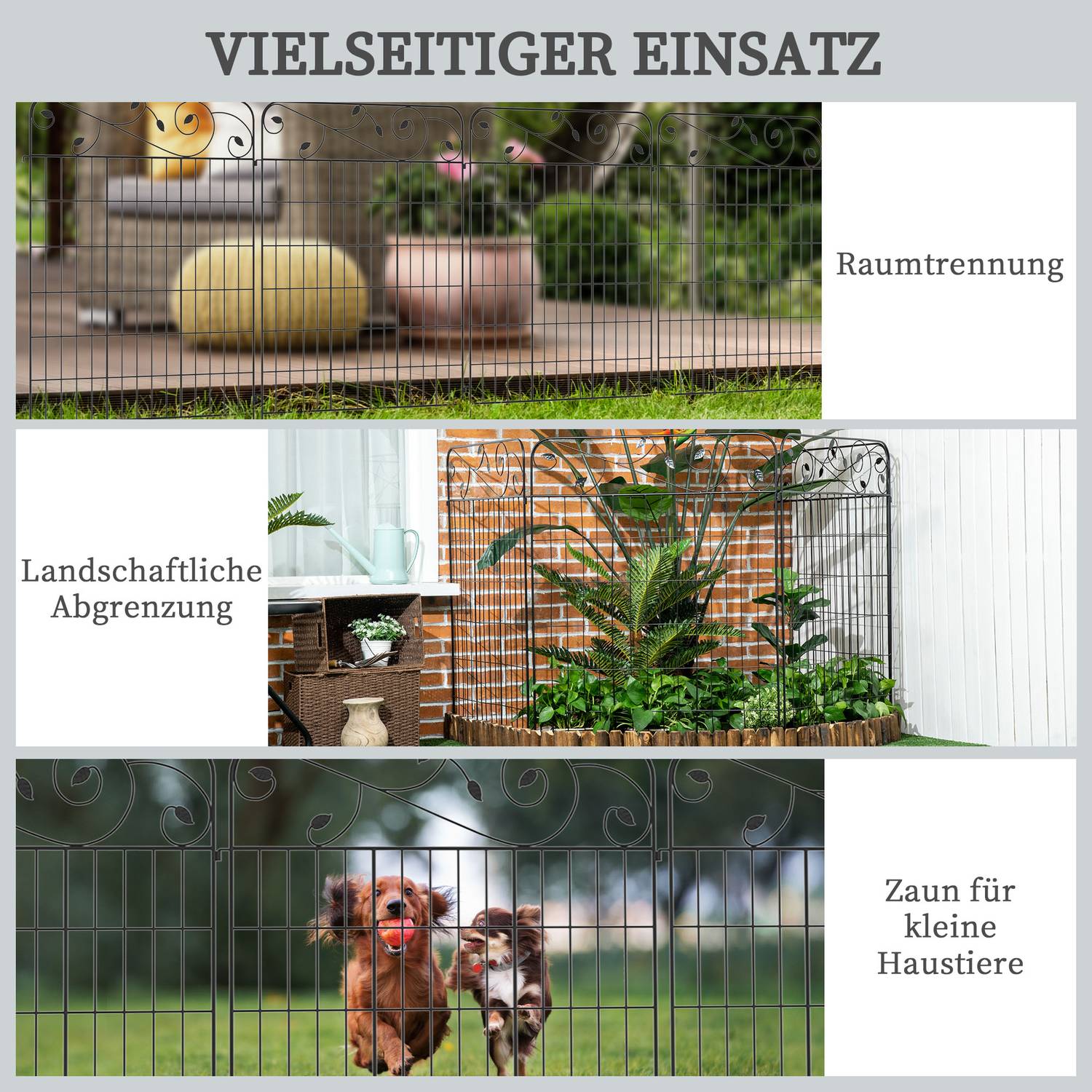 Dekorativt trädgårdsstaket i svart metall, 3,52 x 1,1 m, 4-pack