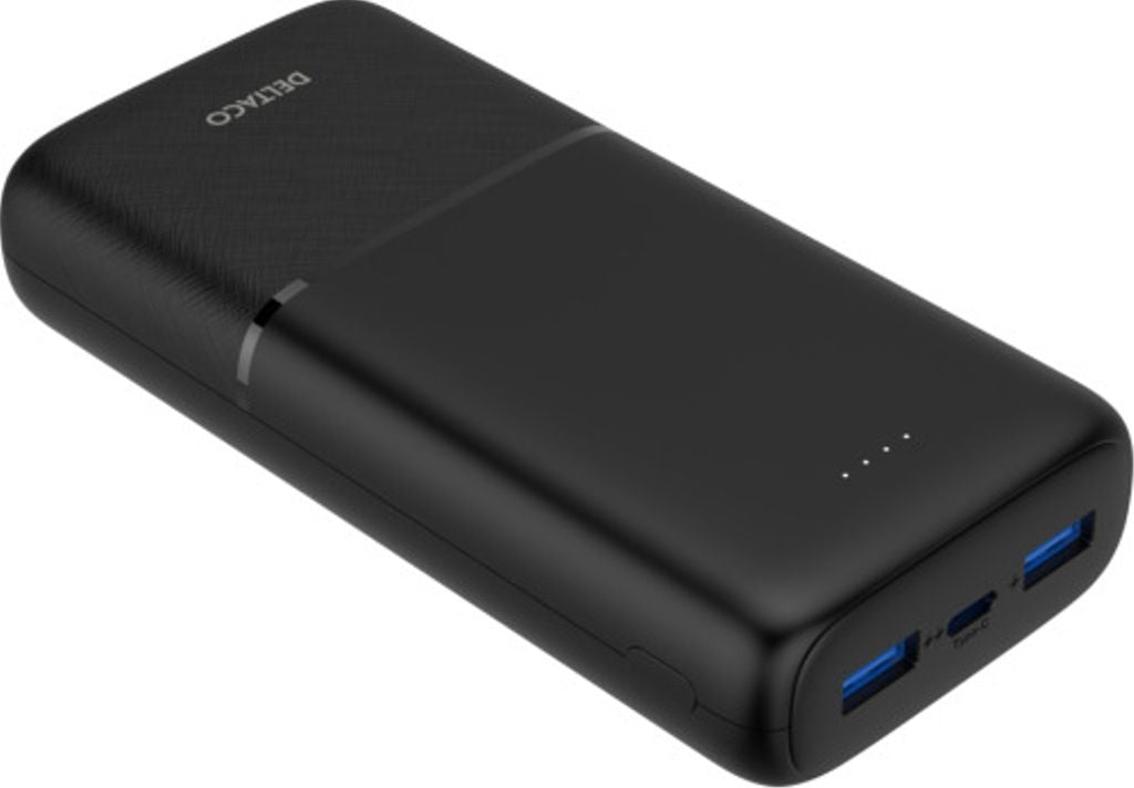 Deltaco Powerbank med snabbladdning, 3 portar, 2x USB-A 18W, 1x USB-C PD 20W, 20 000 mAh svart