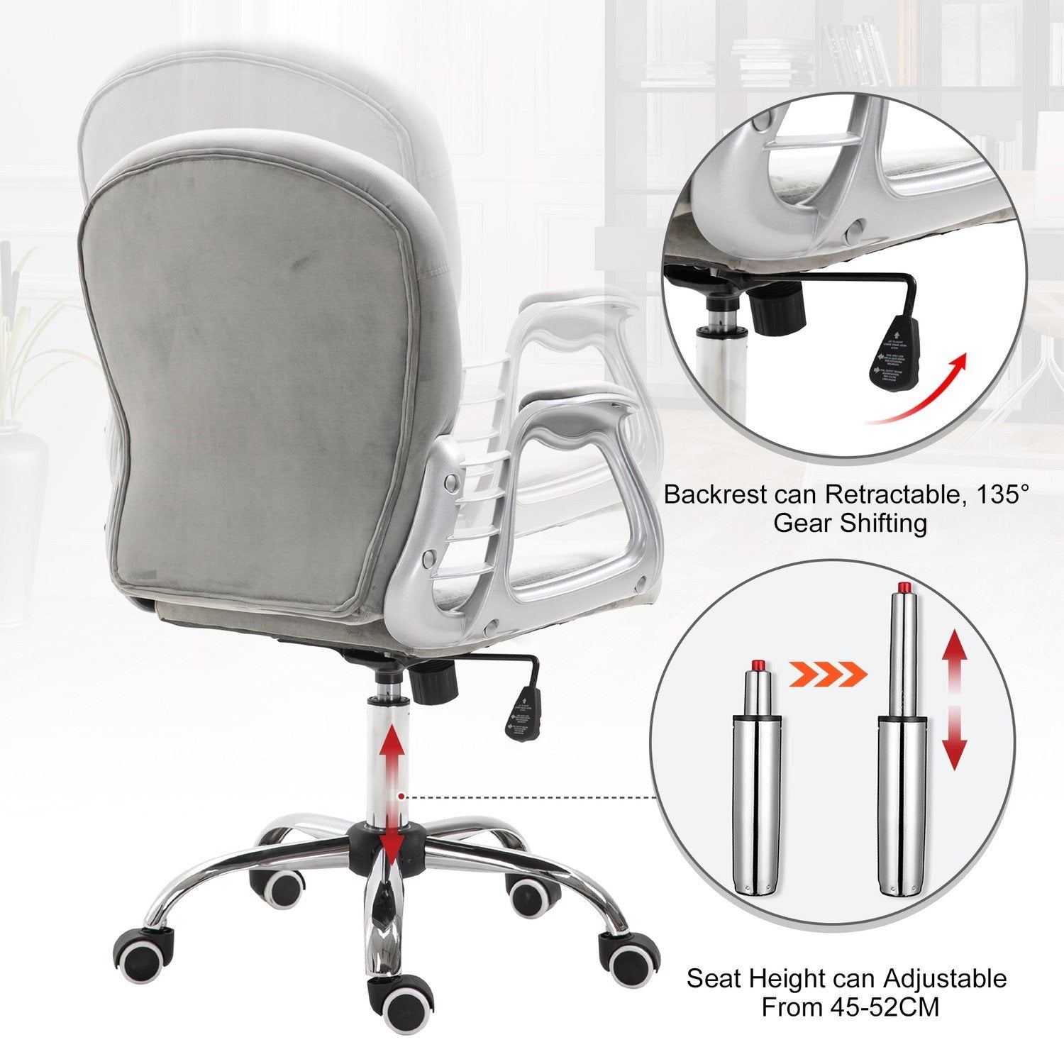 Skrivbordsstol Ergonomisk Kontorsstol Med Vadderat Ryggstöd, Grå, 59,5X60,5X95-105 Cm