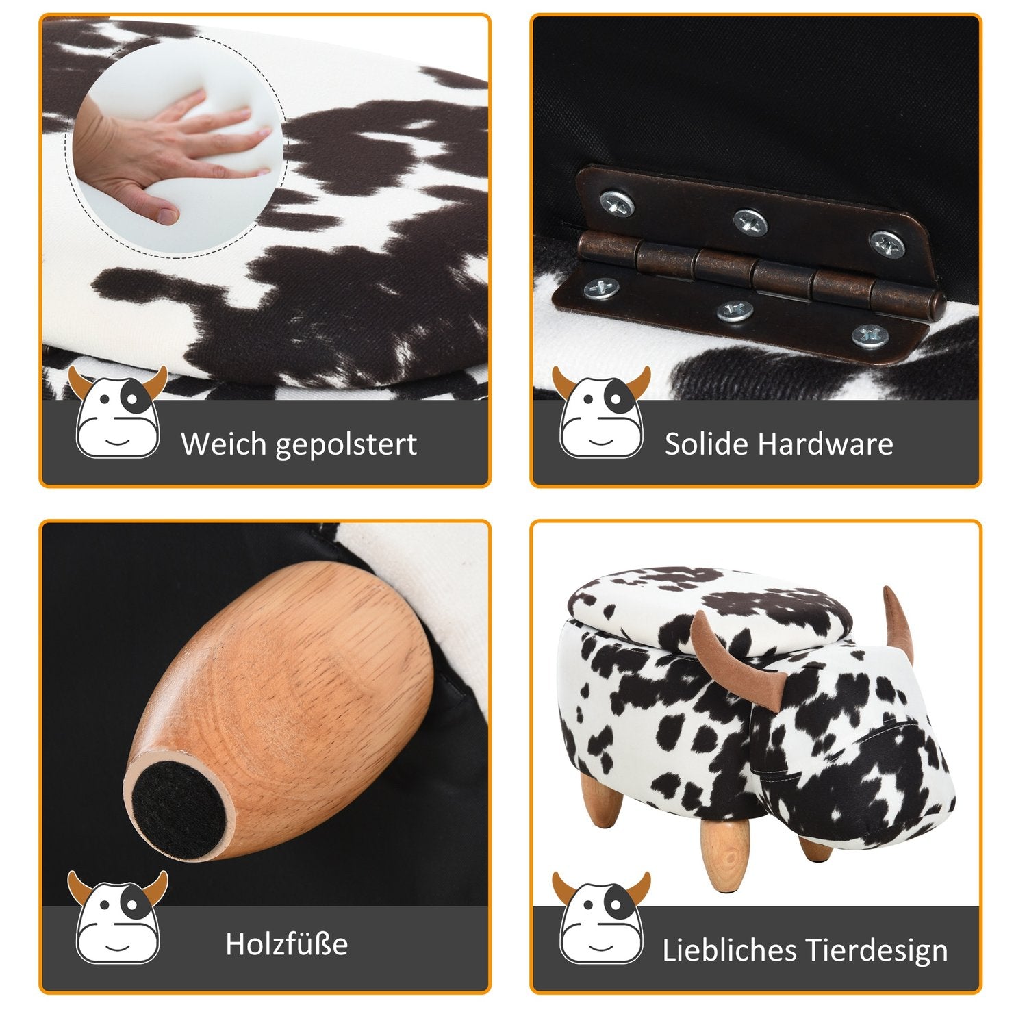 Djurpall med förvaring, stoppad grisdesign, svart/vit