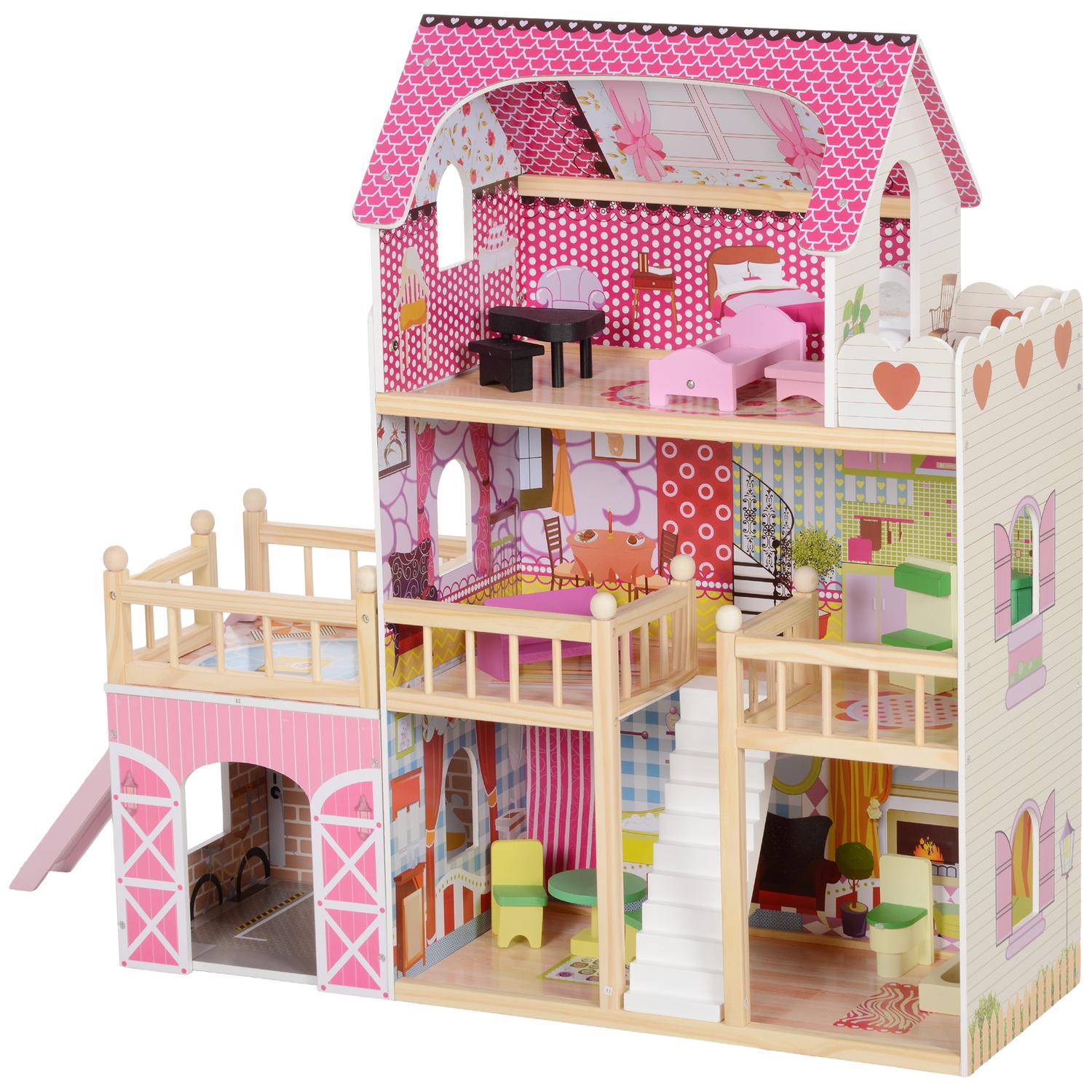 Dockhus i trä med möbler, garage, rutschbanor och balkong