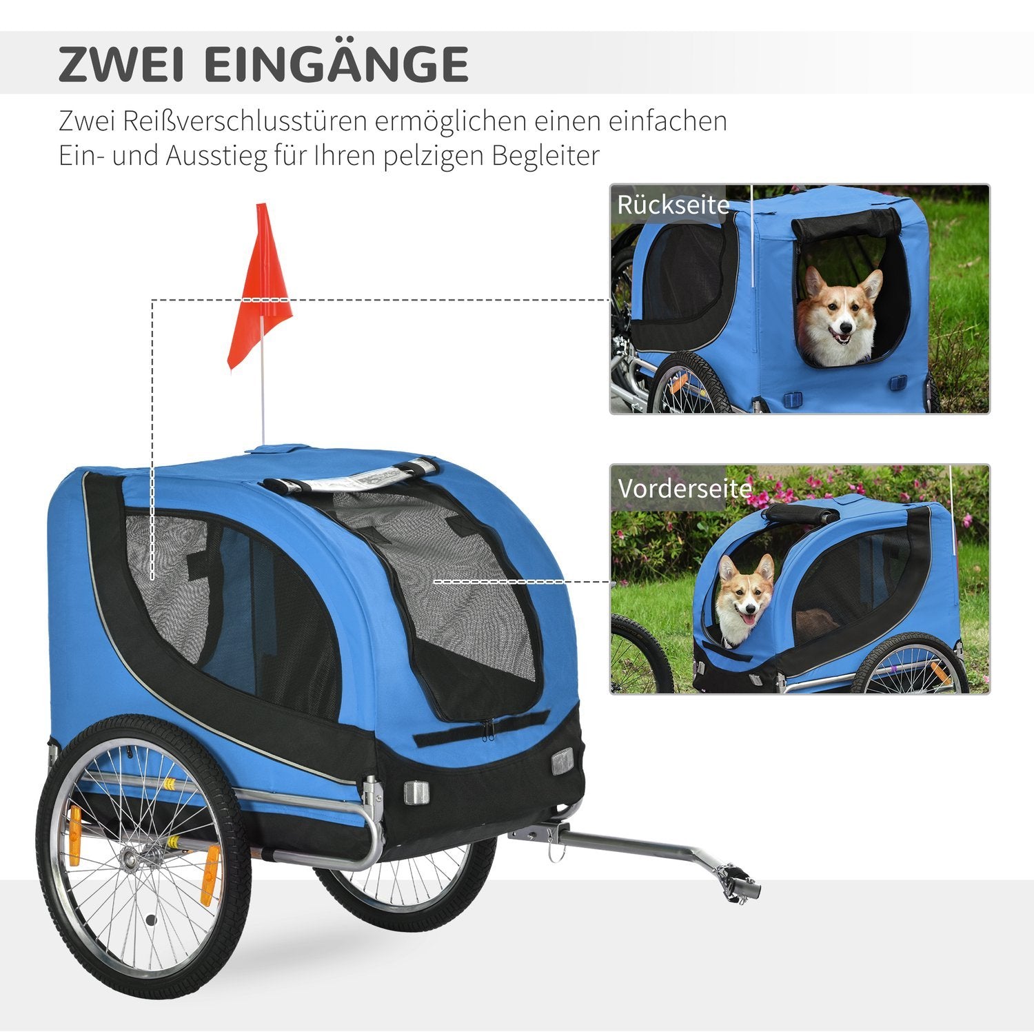 Hundsläp Cykelsläp Hundtransporter, Hundcykelvagn, Blå+Svart, 130X73X90Cm