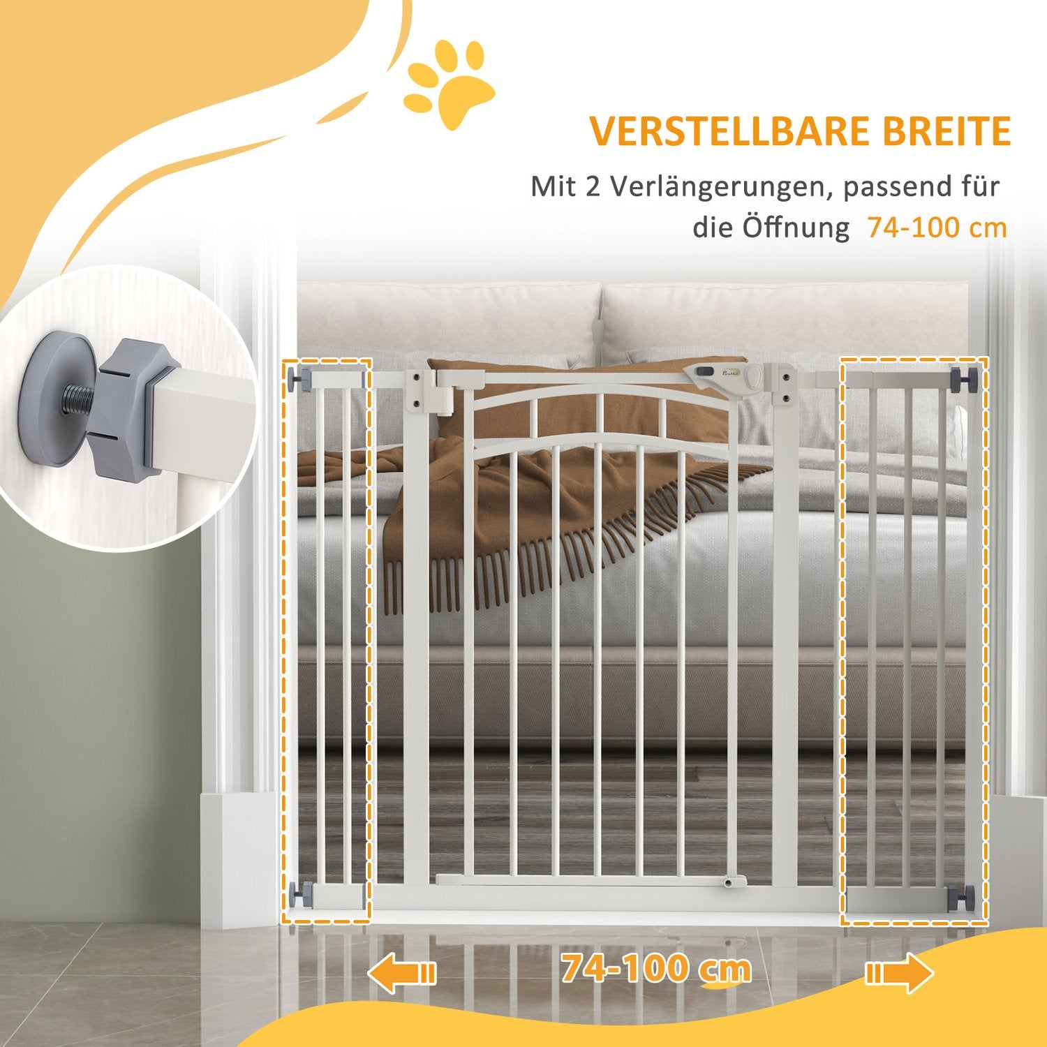 Dog Gate Barriär, Auto-Close, 74-100 Cm, Ingen borrinstallation