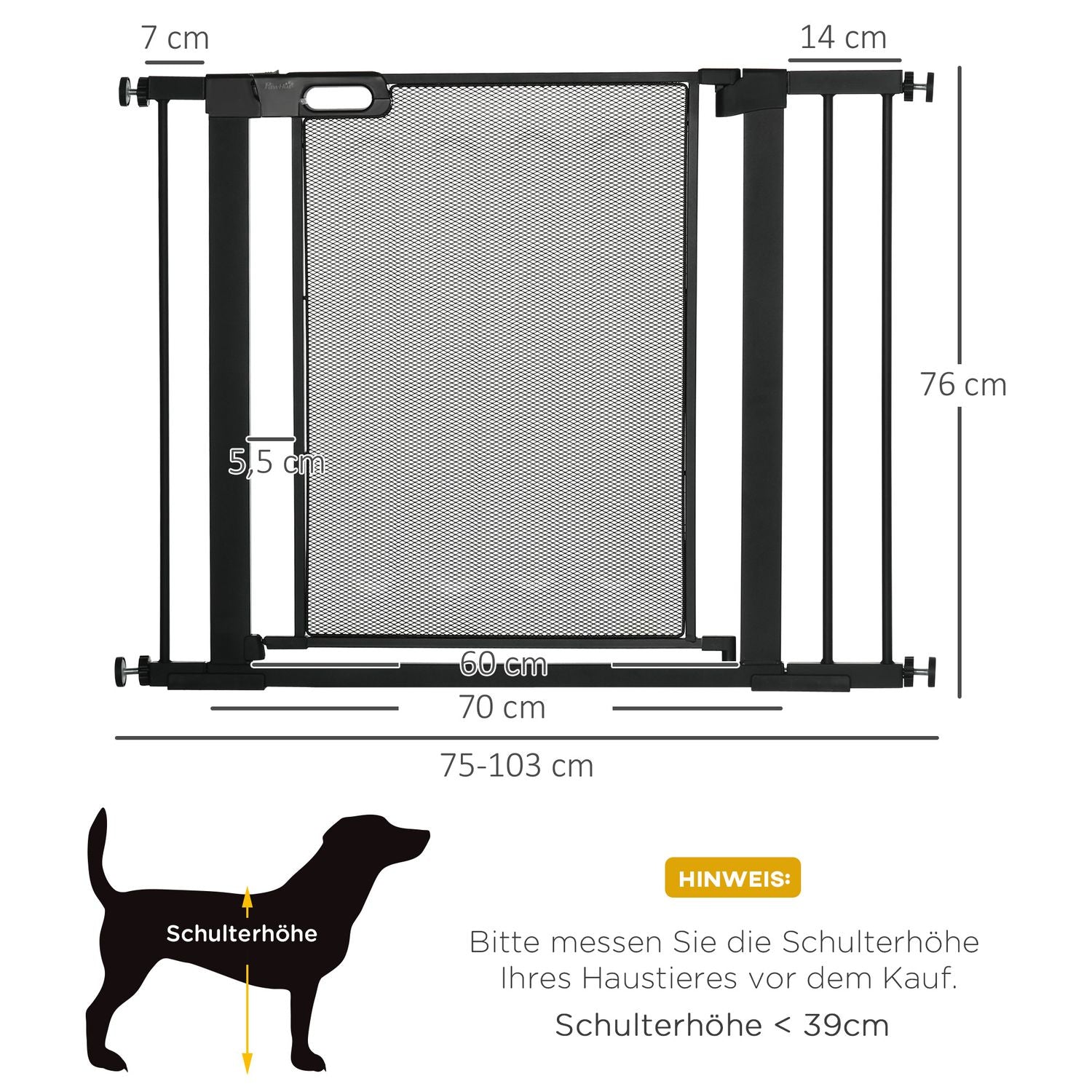 Dog Gate, No Drill, Auto-Close, Stål, 75-103 Cm, Svart