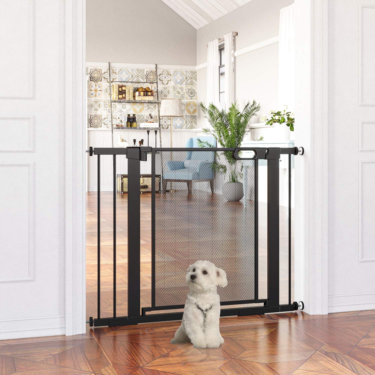 Dog Gate, No Drill, Auto-Close, Stål, 75-103 Cm, Svart