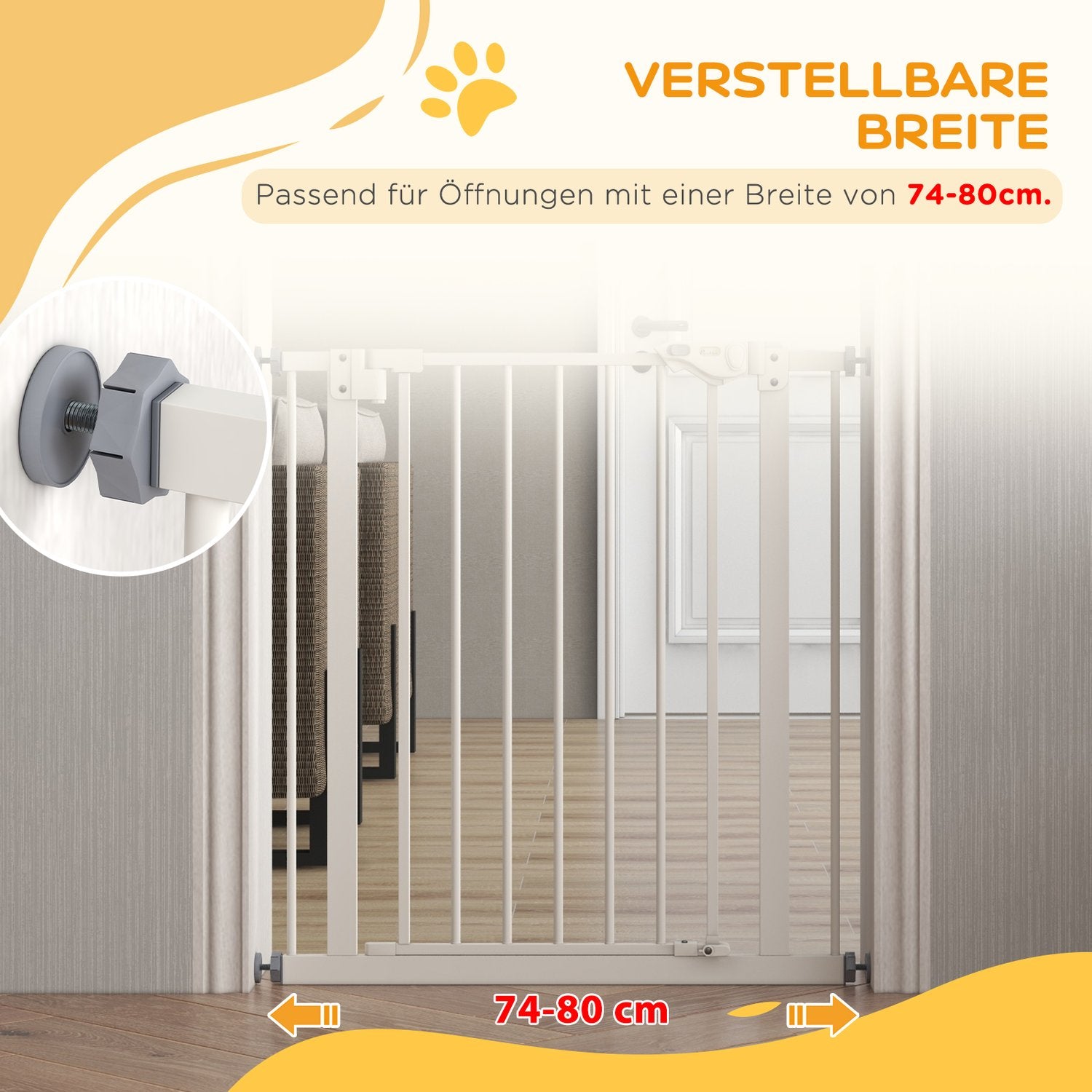 Dog Safety Gate, 74-80 cm, No-Drill, Metall & Plast