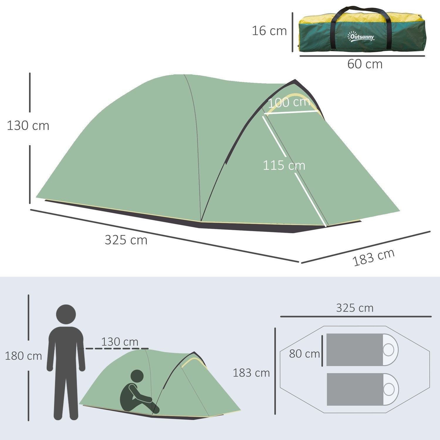 Dome Tält 2-3 Personer 190T Glasfiber Polyester Grön+Gul 325X183X130Cm Pinnar