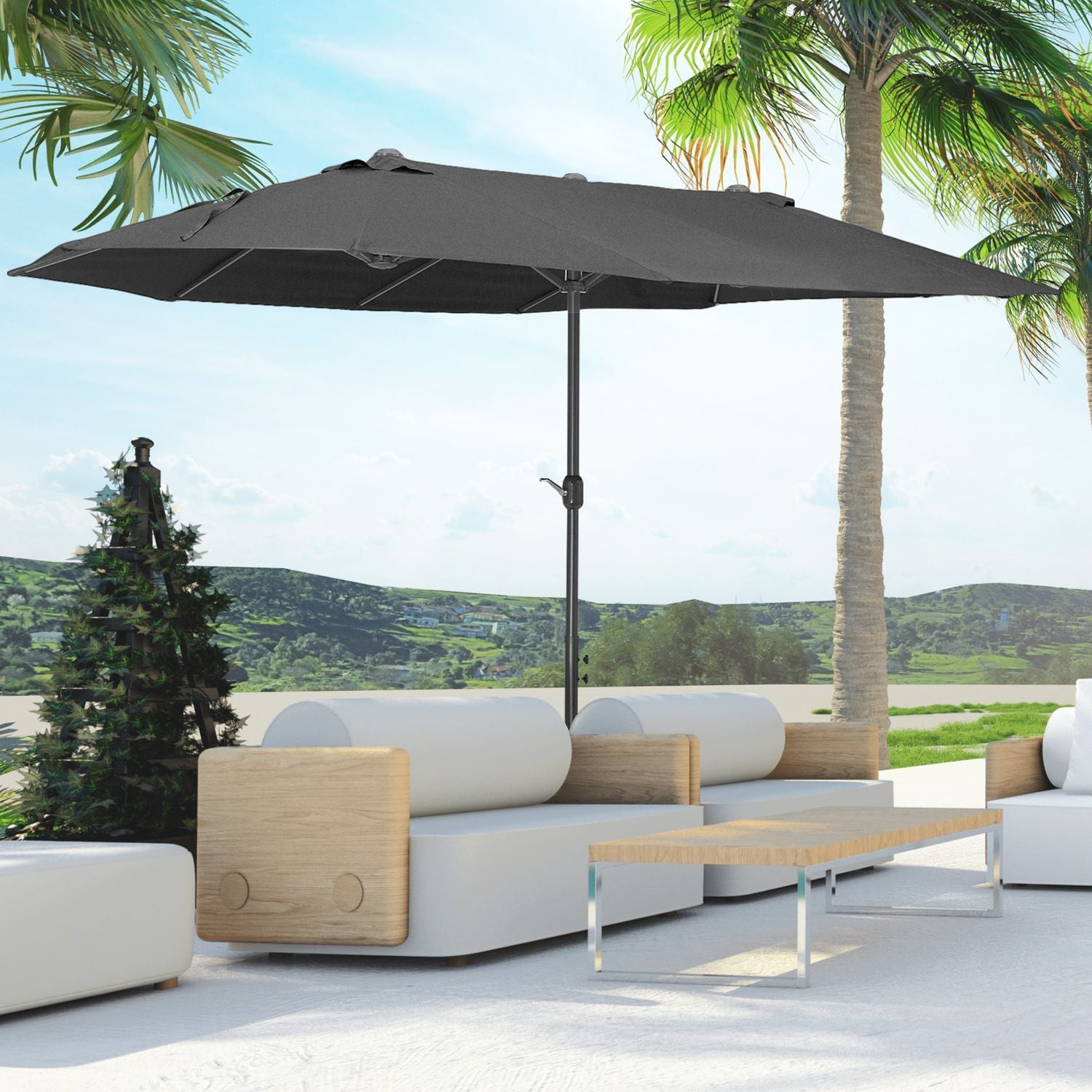 Parasol Garden Paraply Market Paraply Dubbelt Parasoll Uteplatsparaply Med Handvev Svart Oval 460 X 270 X 240 Cm