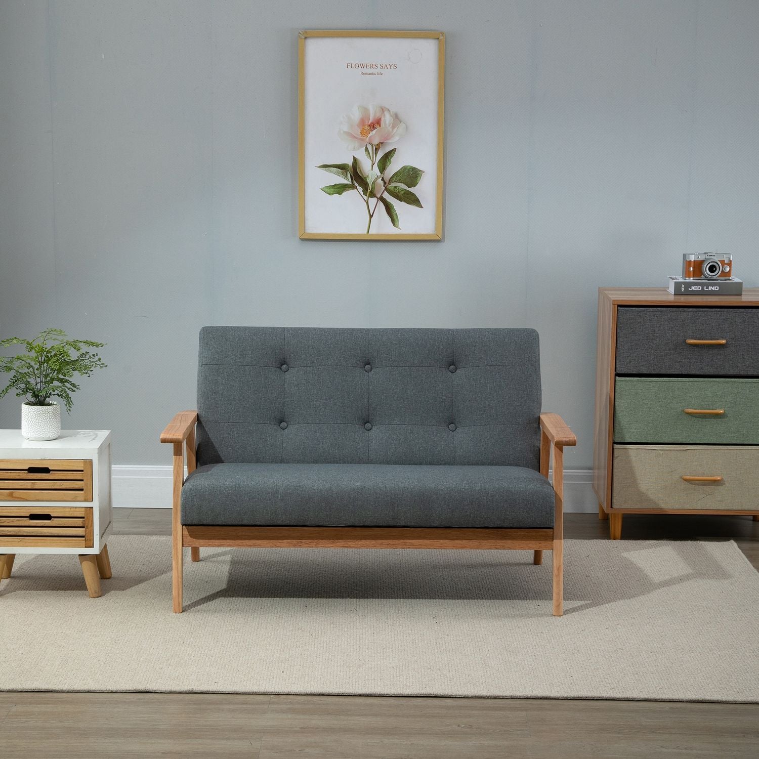 Dubbelsoffklädsel Loveseat, Kompakt Design, Tvåsits, Tygsoffa, 2-Sits, Linne & Gummiträ, Grå, 115X66,5X73Cm