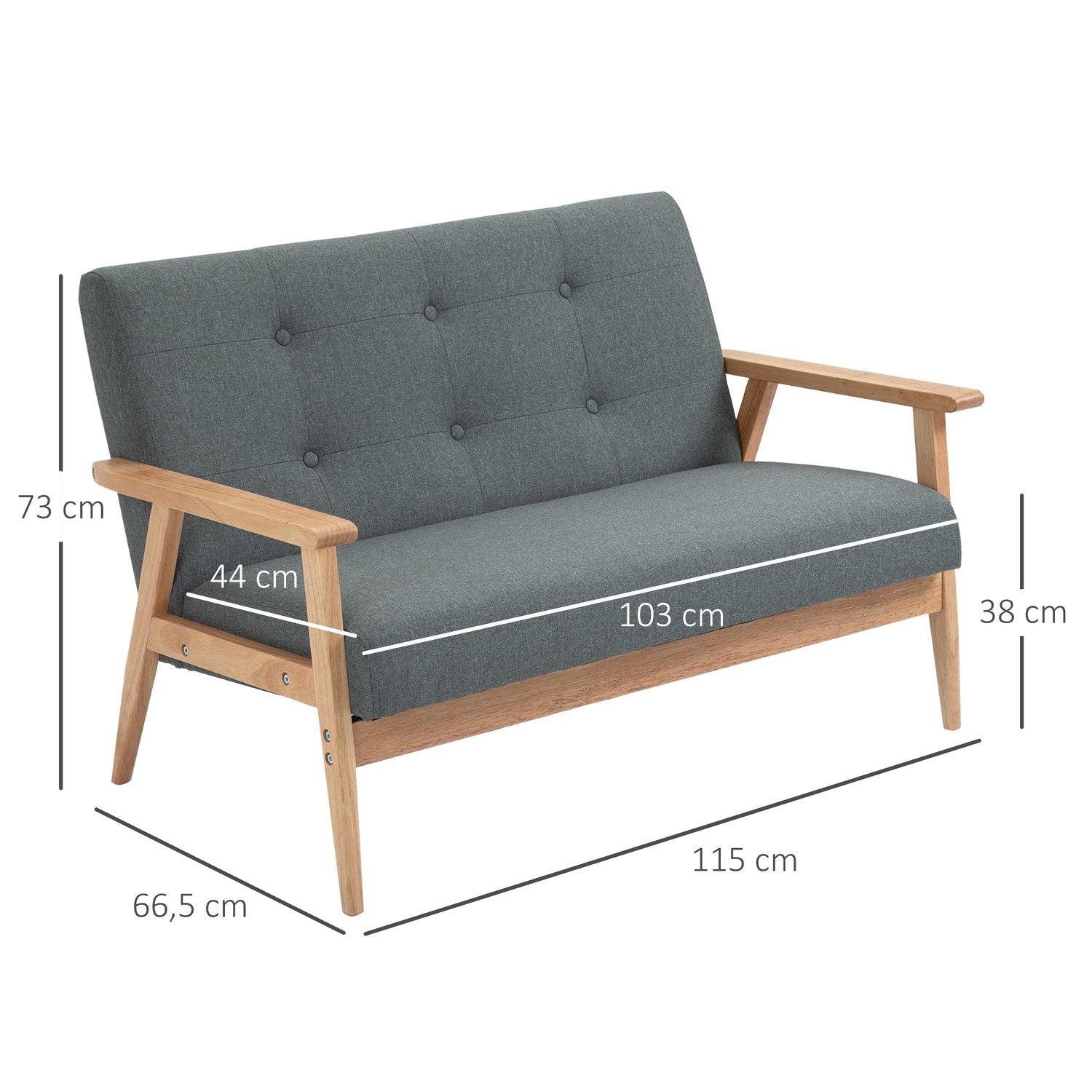 Dubbelsoffklädsel Loveseat, Kompakt Design, Tvåsits, Tygsoffa, 2-Sits, Linne & Gummiträ, Grå, 115X66,5X73Cm