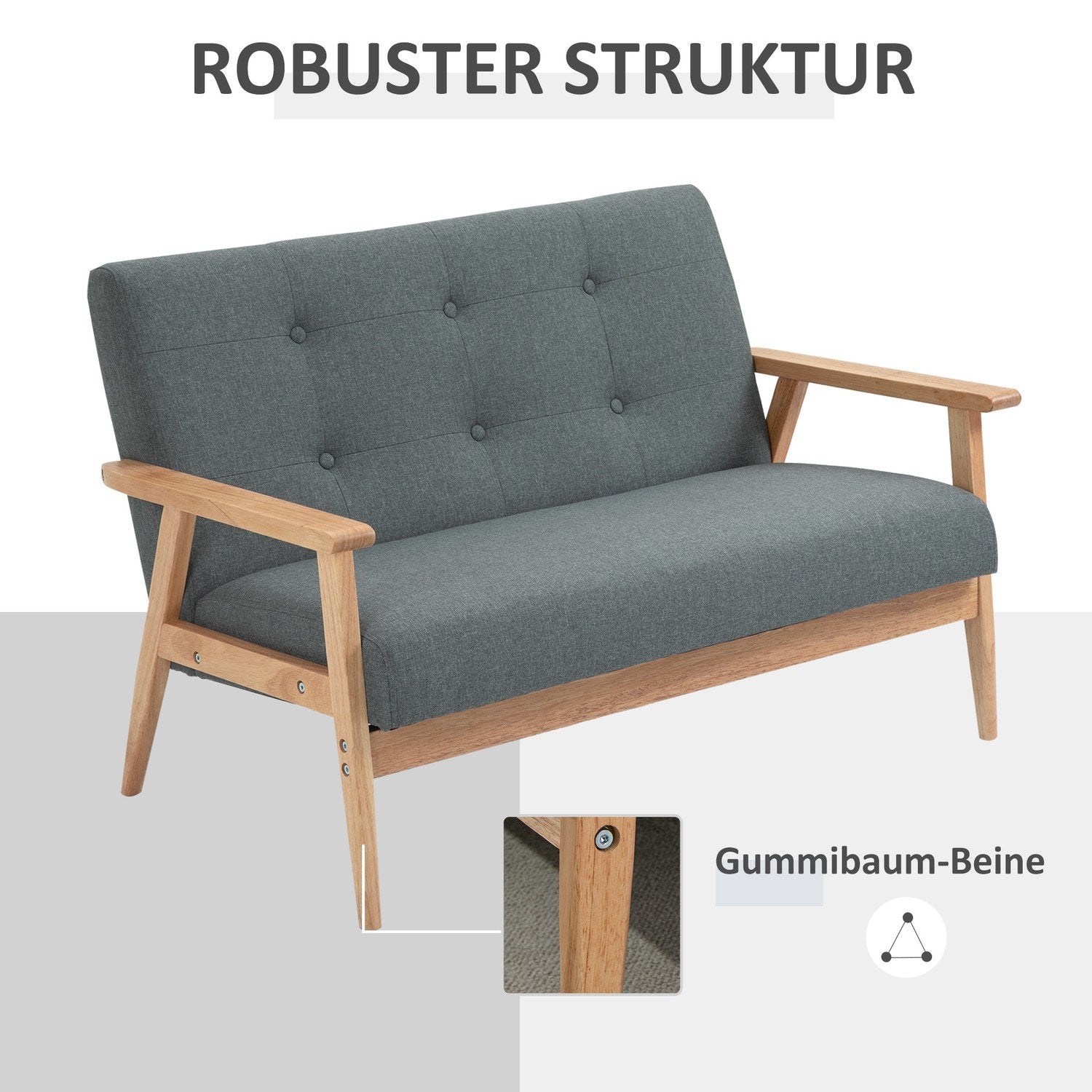 Dubbelsoffklädsel Loveseat, Kompakt Design, Tvåsits, Tygsoffa, 2-Sits, Linne & Gummiträ, Grå, 115X66,5X73Cm