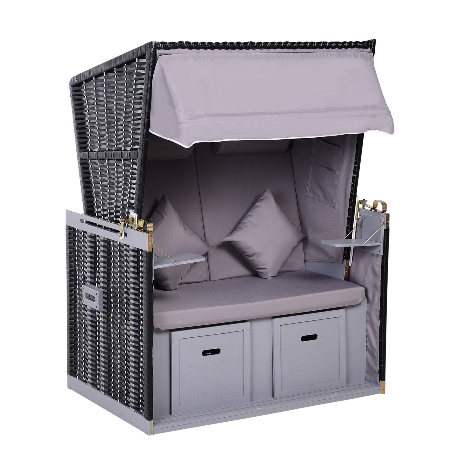 Dubbel fåtölj solstol, PE rotting, mugghållare, grå