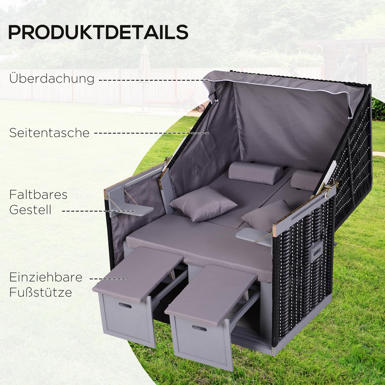 Dubbel fåtölj solstol, PE rotting, mugghållare, grå