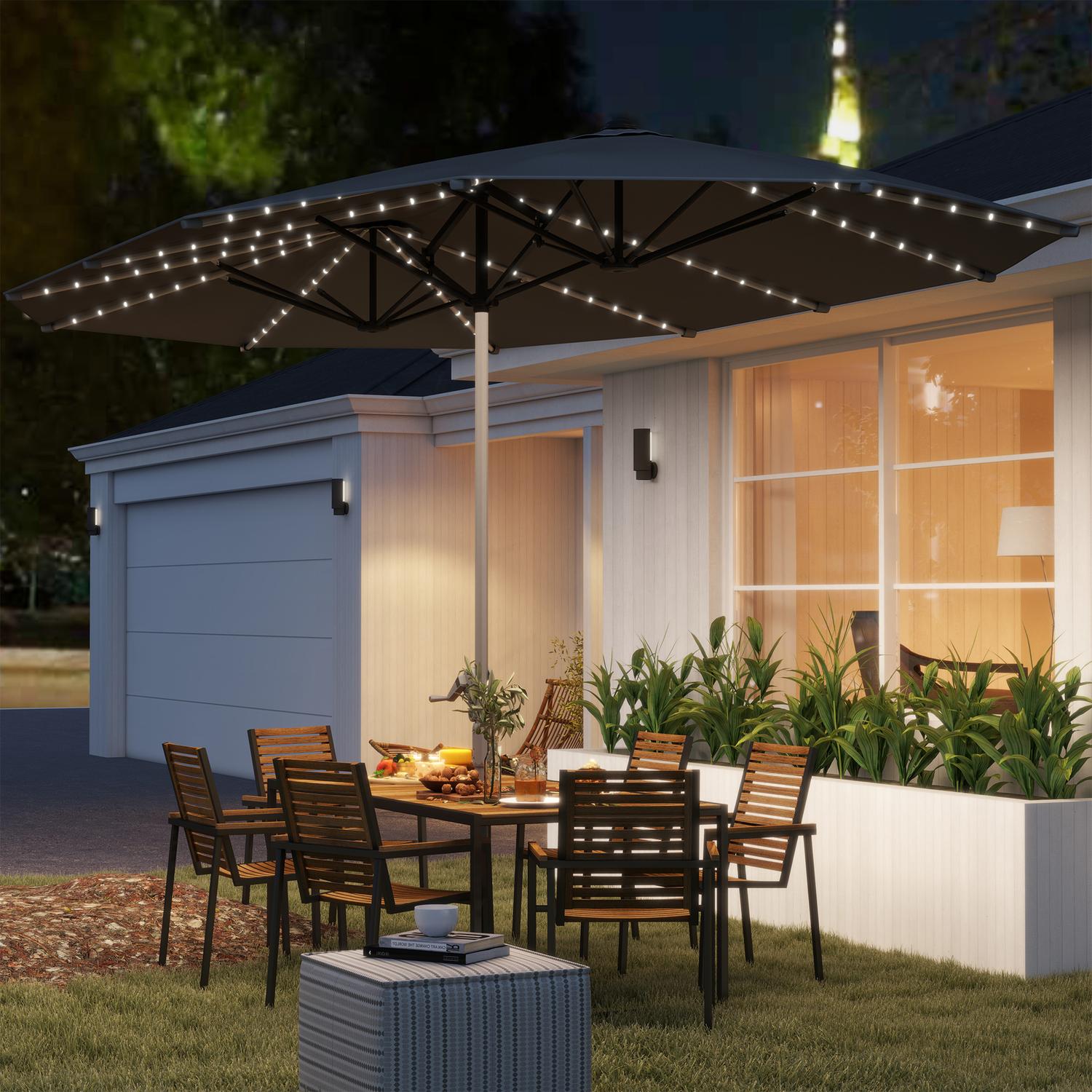 Dubbelparasoll med LED, UV50+ skydd, mörkgrå