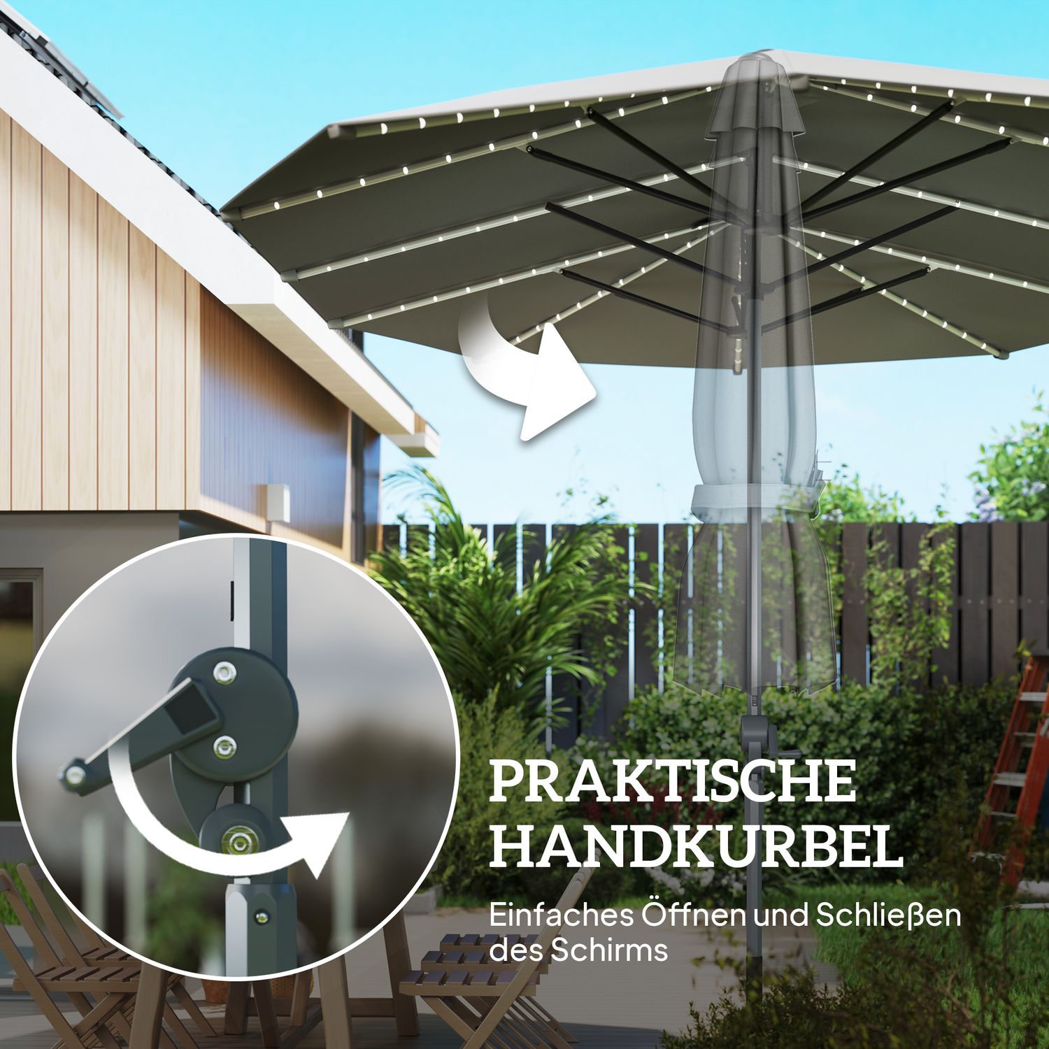 Dubbelparasoll med LED, UV50+ skydd, mörkgrå