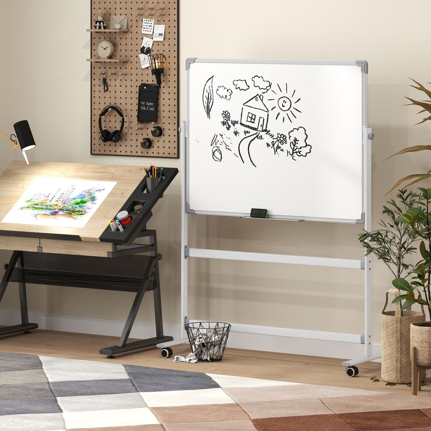 Dubbelsidig Whiteboard 120x90 cm med stativ & hjul