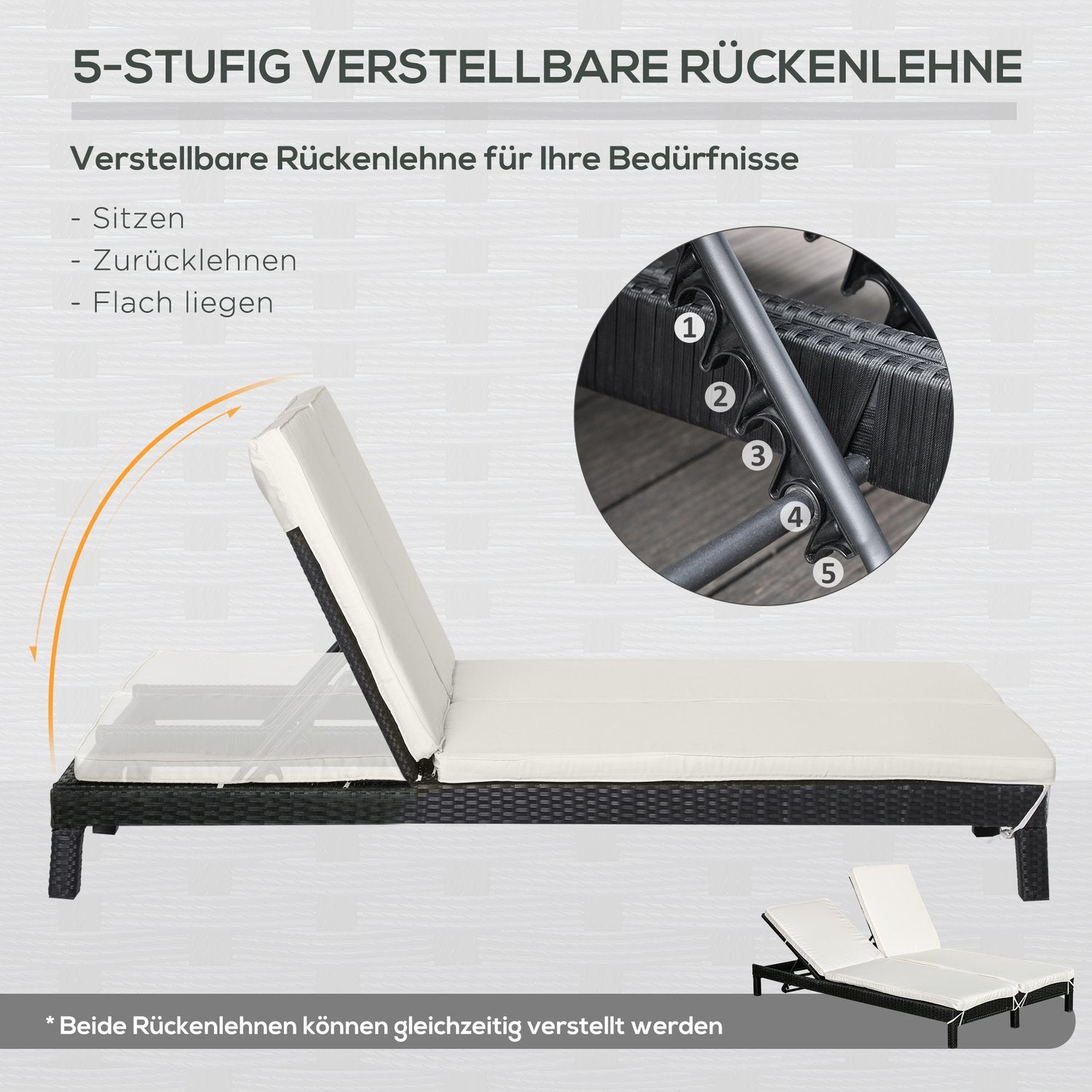 Dubbel solstol för 2, justerbart ryggstöd, grå rotting
