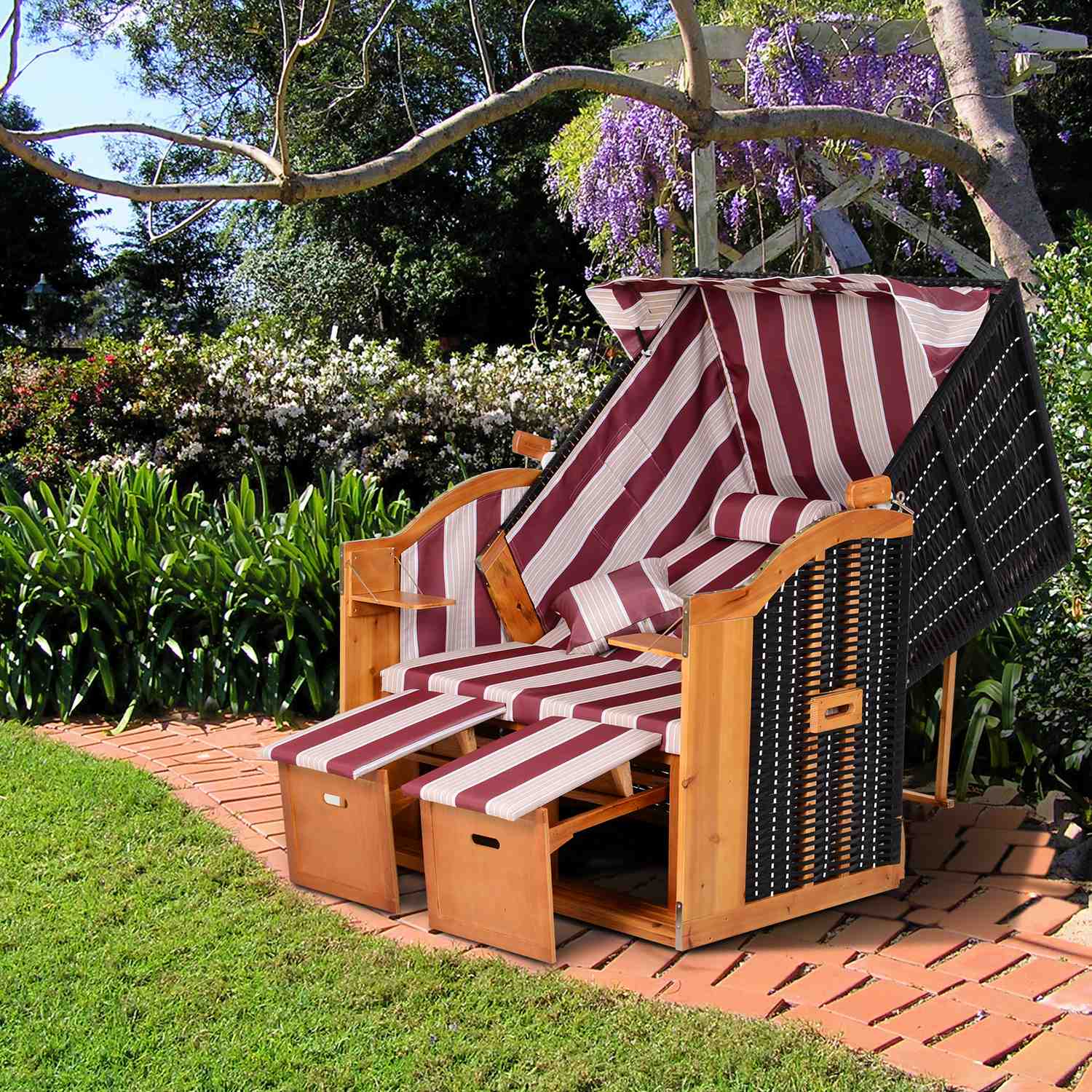 Dubbel solstol med tak- och dryckeshållare, röd/vit