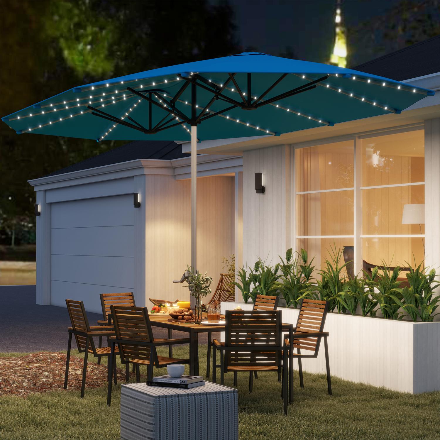 Dubbelt parasoll med solcellslysdioder, UV 50+ aluminium – blå