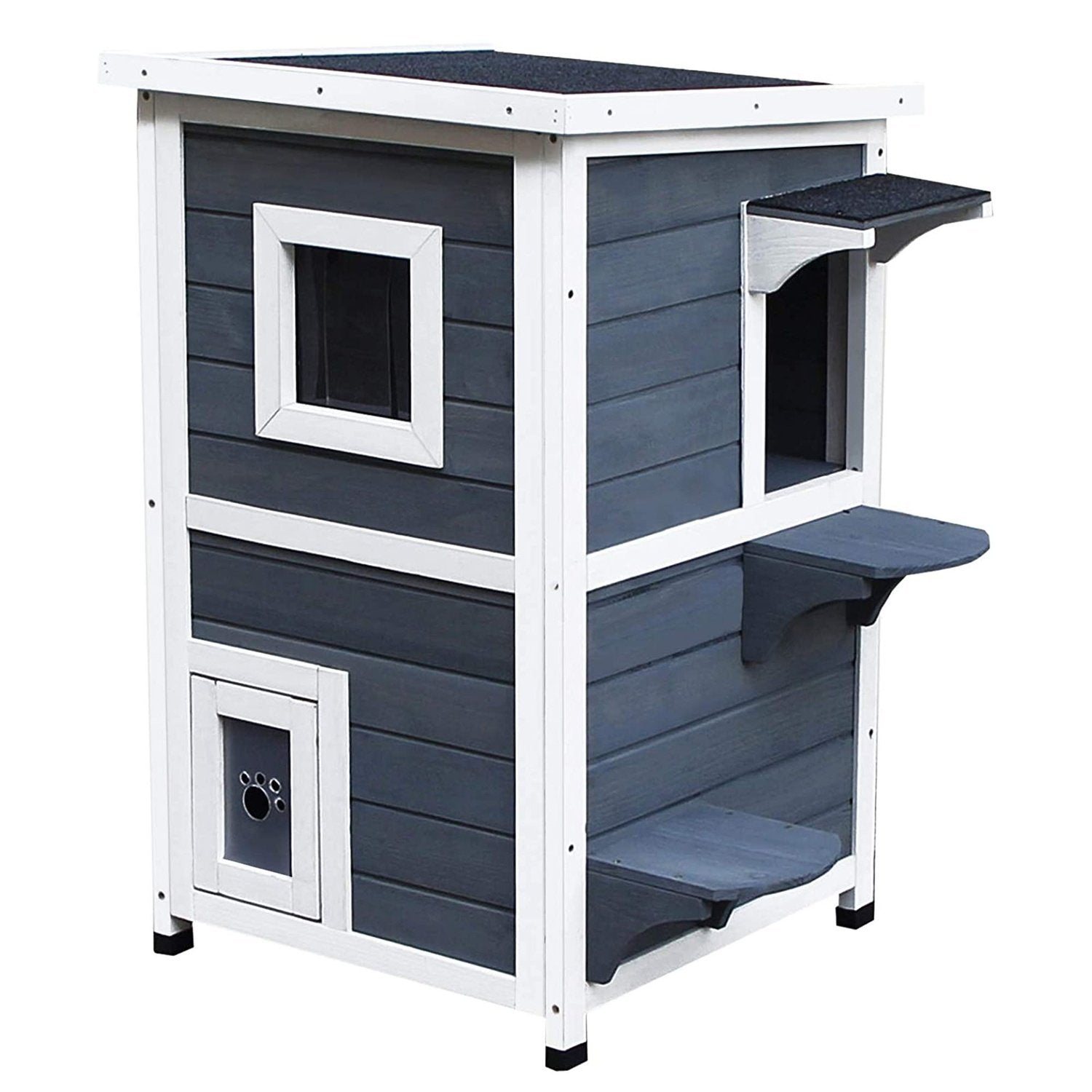 Cat House Grey 2 Level Cat Villa Med Trappor, Asfalttak Och Fönster, Gran, 51X51X81,3Cm