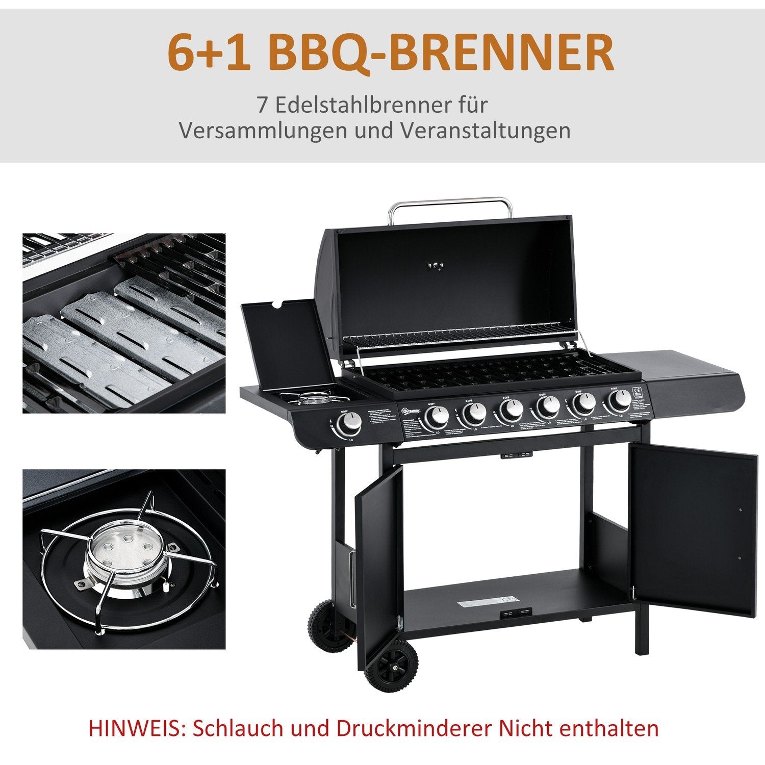 Gas Grill Bbq Grillvagn Med 6 Brännare 1 Sidobrännarskåp Multifunktion Metall Svart 135 X 50 X 100 Cm