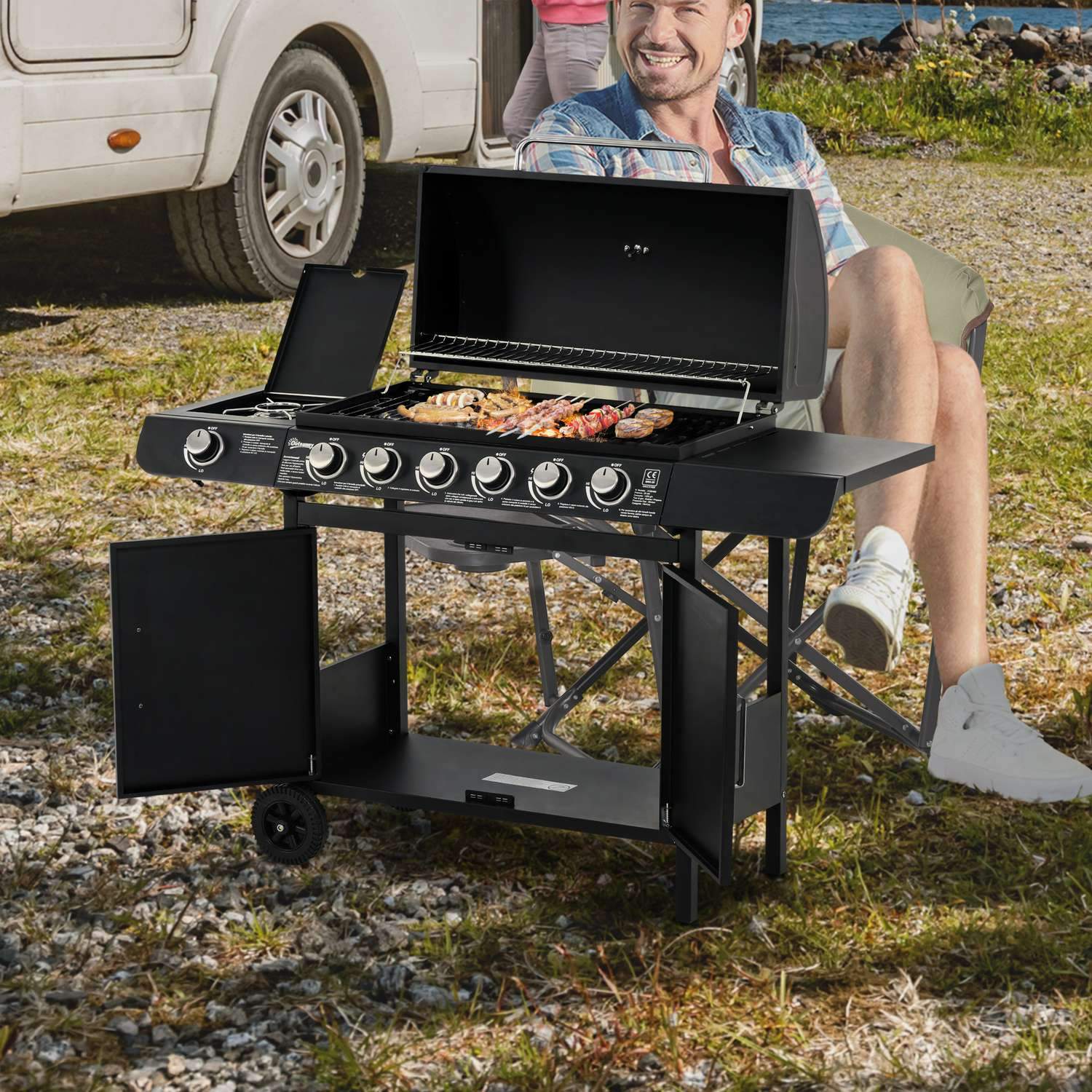 Gas Grill Bbq Grillvagn Med 6 Brännare 1 Sidobrännarskåp Multifunktion Metall Svart 135 X 50 X 100 Cm