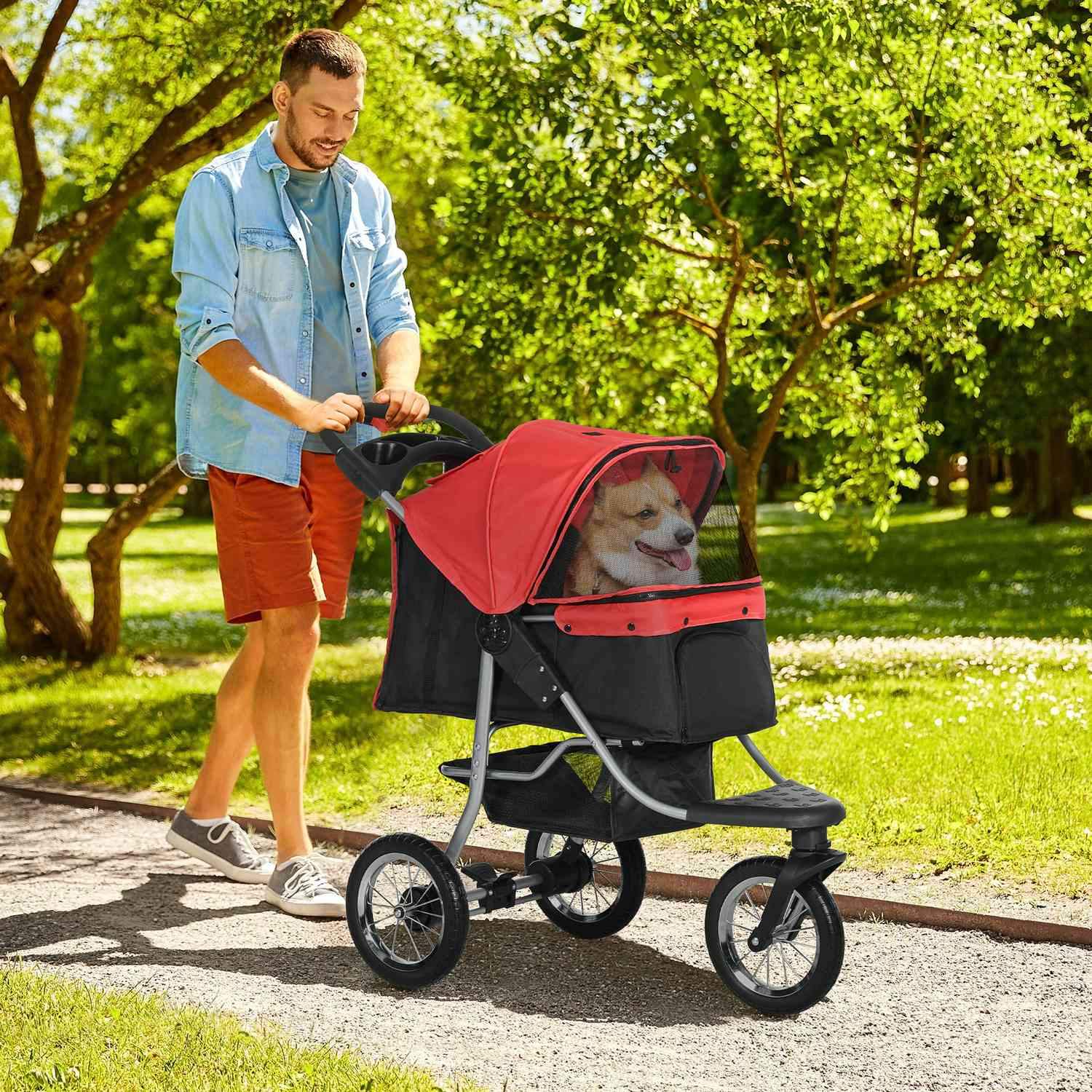 Hundvagn Hund Buggy Cat Buggy Husdjursvagn Med 3 Hjul Hopfällbar Hundkatt Oxford Röd + Svart 109,5 X 54,5 X 106,5 Cm