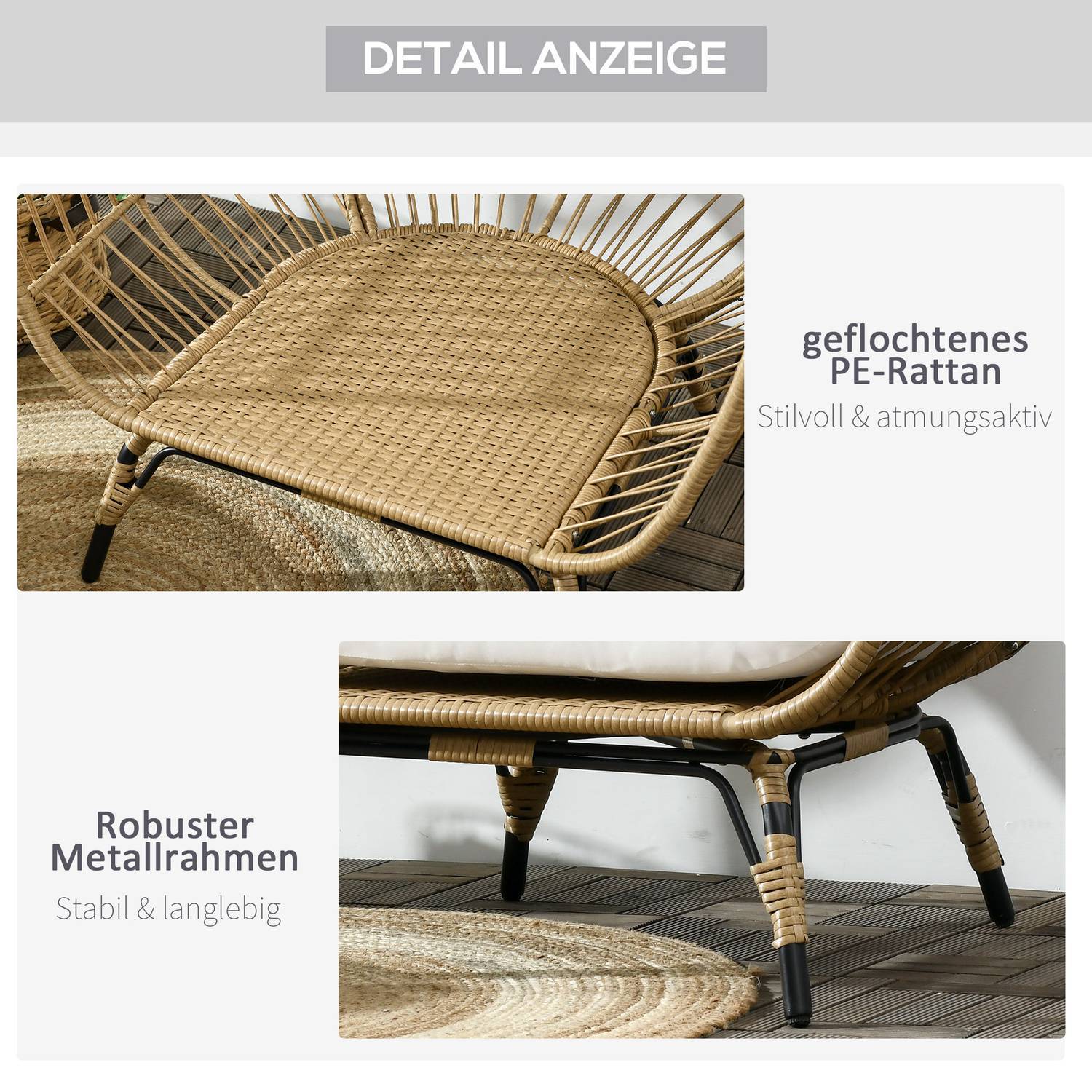 Wicker Rattan Stol Rottingstol Med Sittdyna Upphöjd Trädgårdsstol För Balkong Uteplats Metall Khaki 105 X 97 X 150 Cm