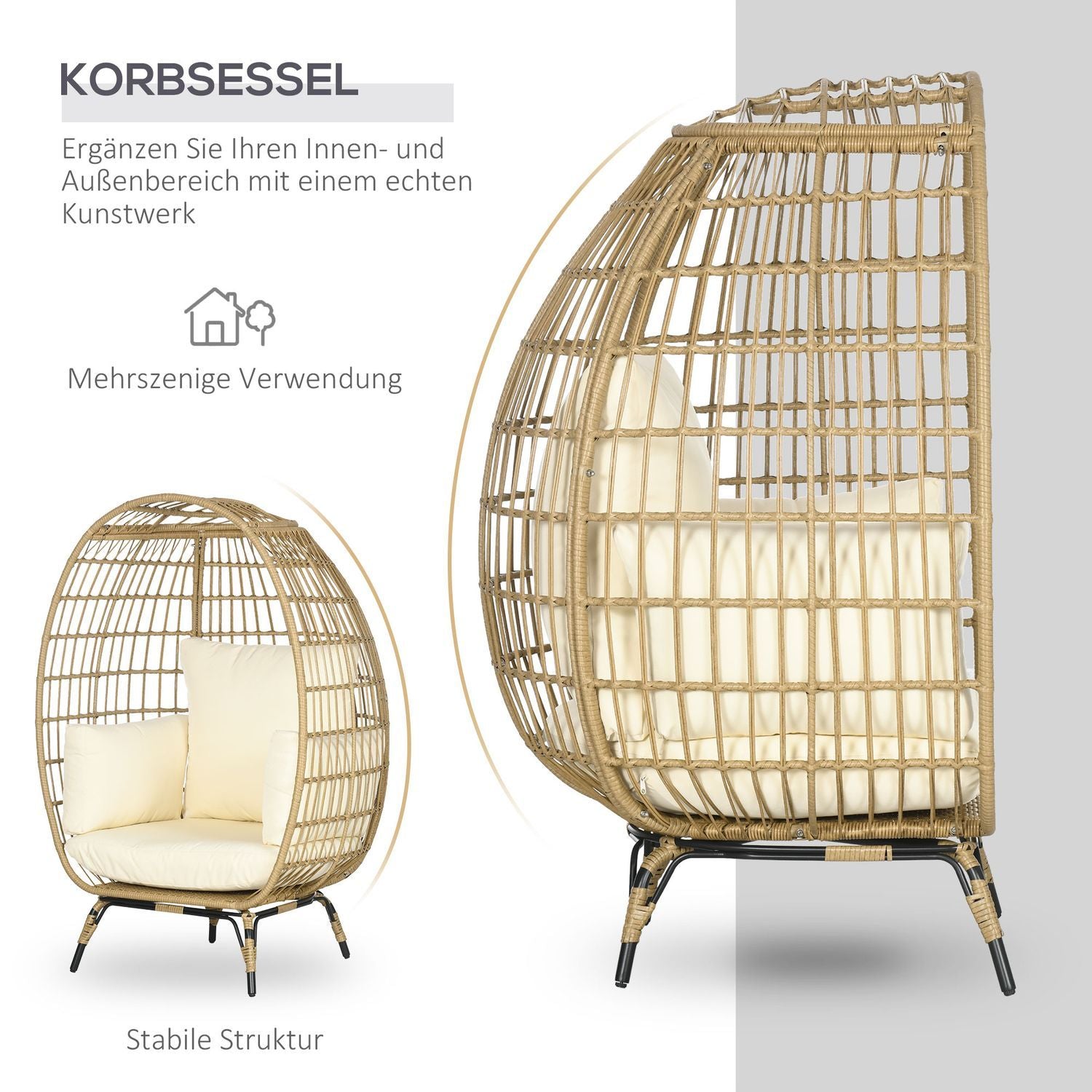 Wicker Rattan Stol Rottingstol Med Sittdyna Upphöjd Trädgårdsstol För Balkong Uteplats Metall Khaki 105 X 97 X 150 Cm