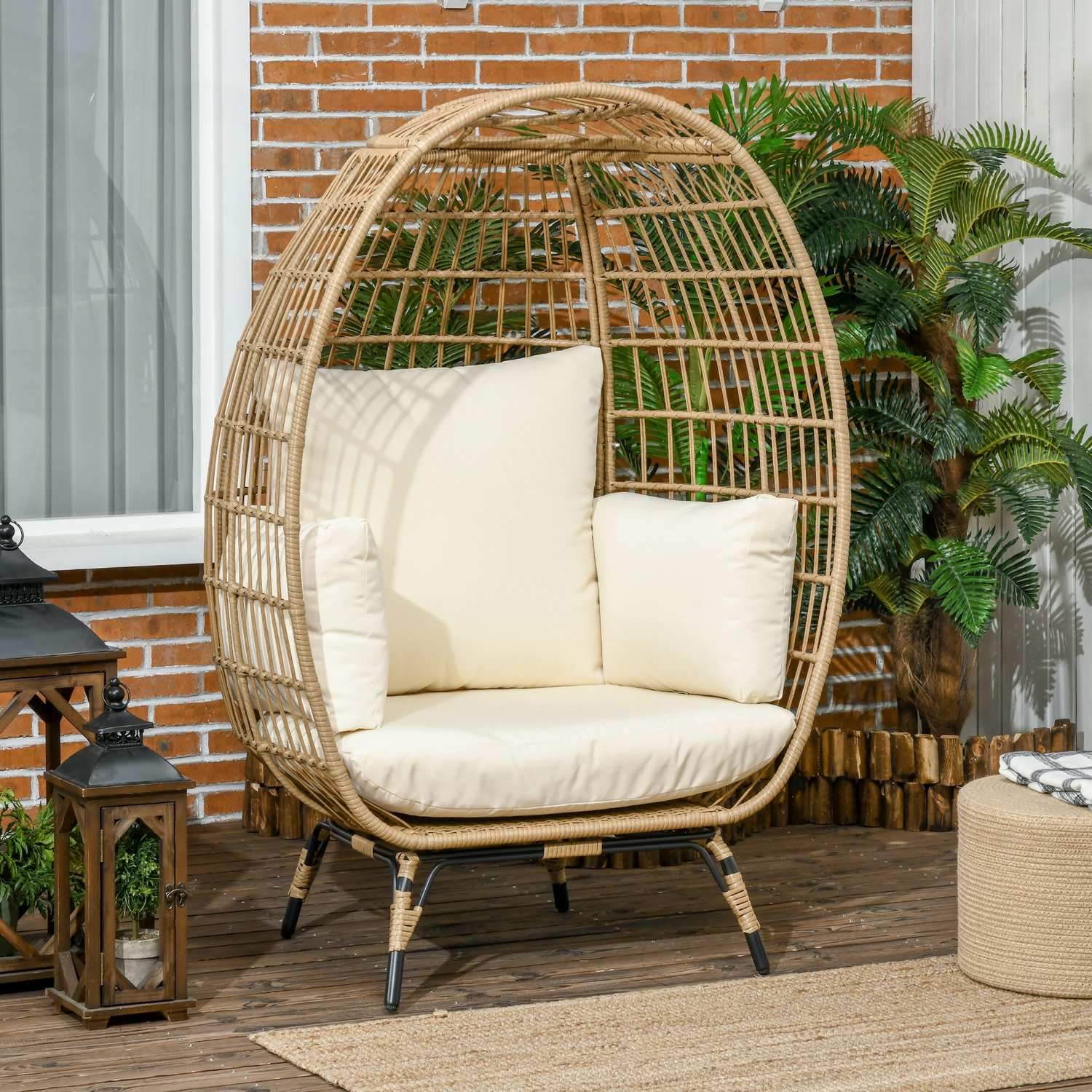 Wicker Rattan Stol Rottingstol Med Sittdyna Upphöjd Trädgårdsstol För Balkong Uteplats Metall Khaki 105 X 97 X 150 Cm