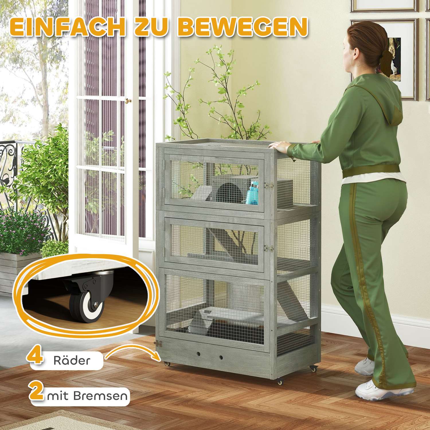 Dvärghamsterbur i trä – 4 nivåer, hyddor och tillbehör