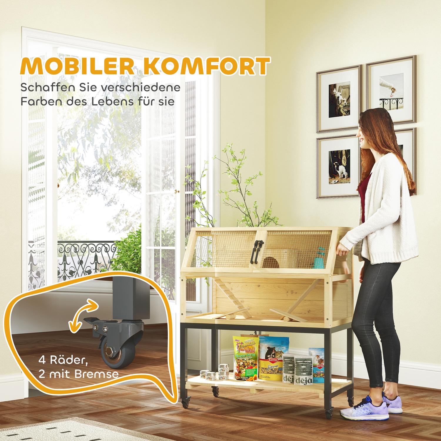 Dvärghamsterbur i trä med hjul och tillbehör